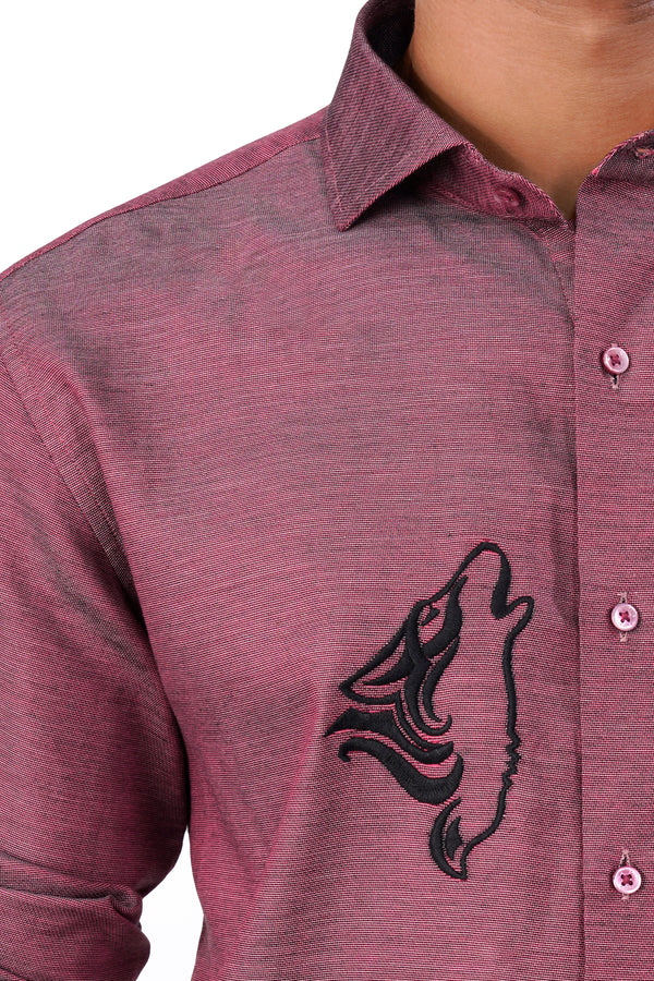 Claret Pink Dog Embroidered Two Tone Dobby Textured Premium Giza Cotton Designer Shirt