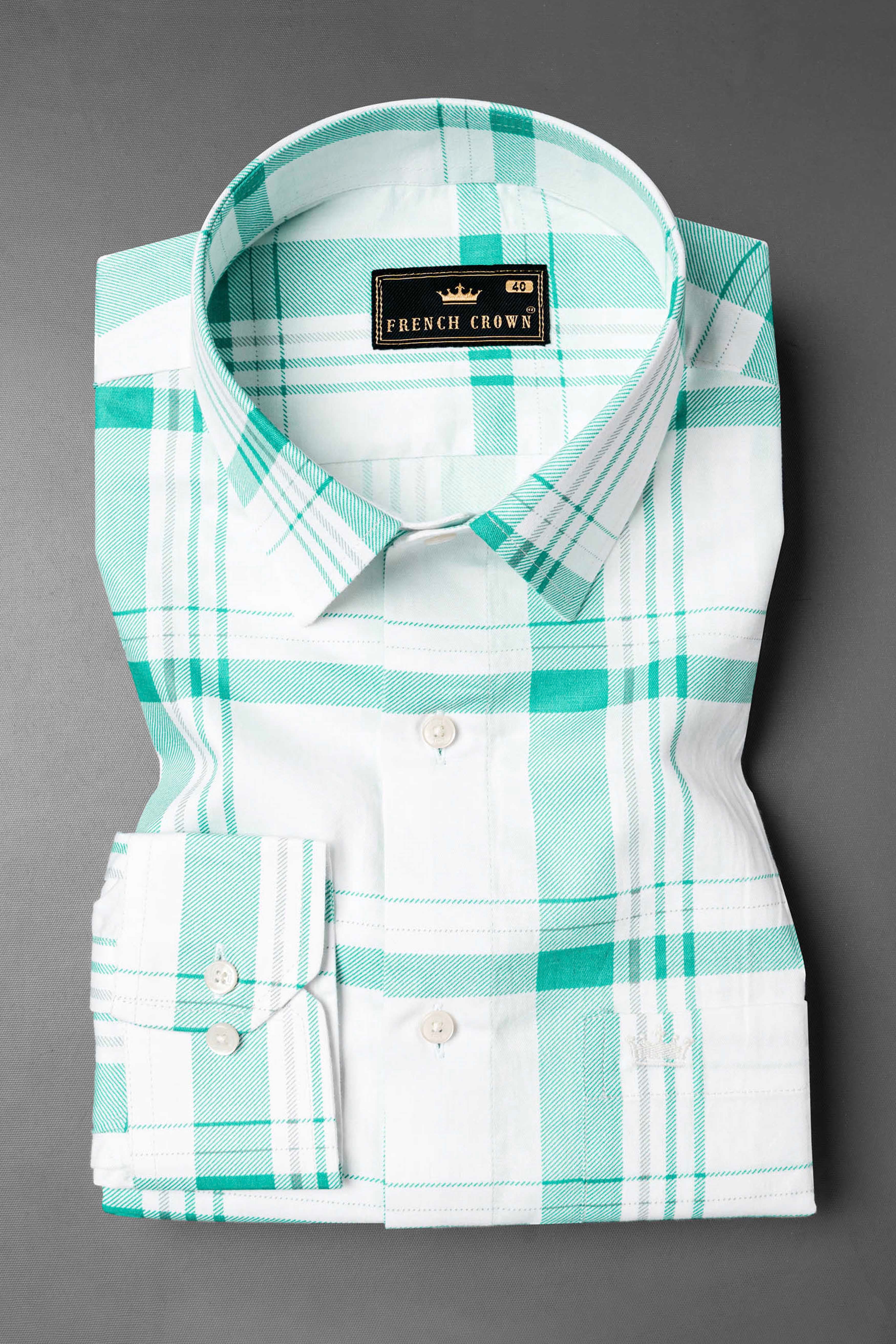 Bright White With Aqua Plaid Royal Oxford Shirt