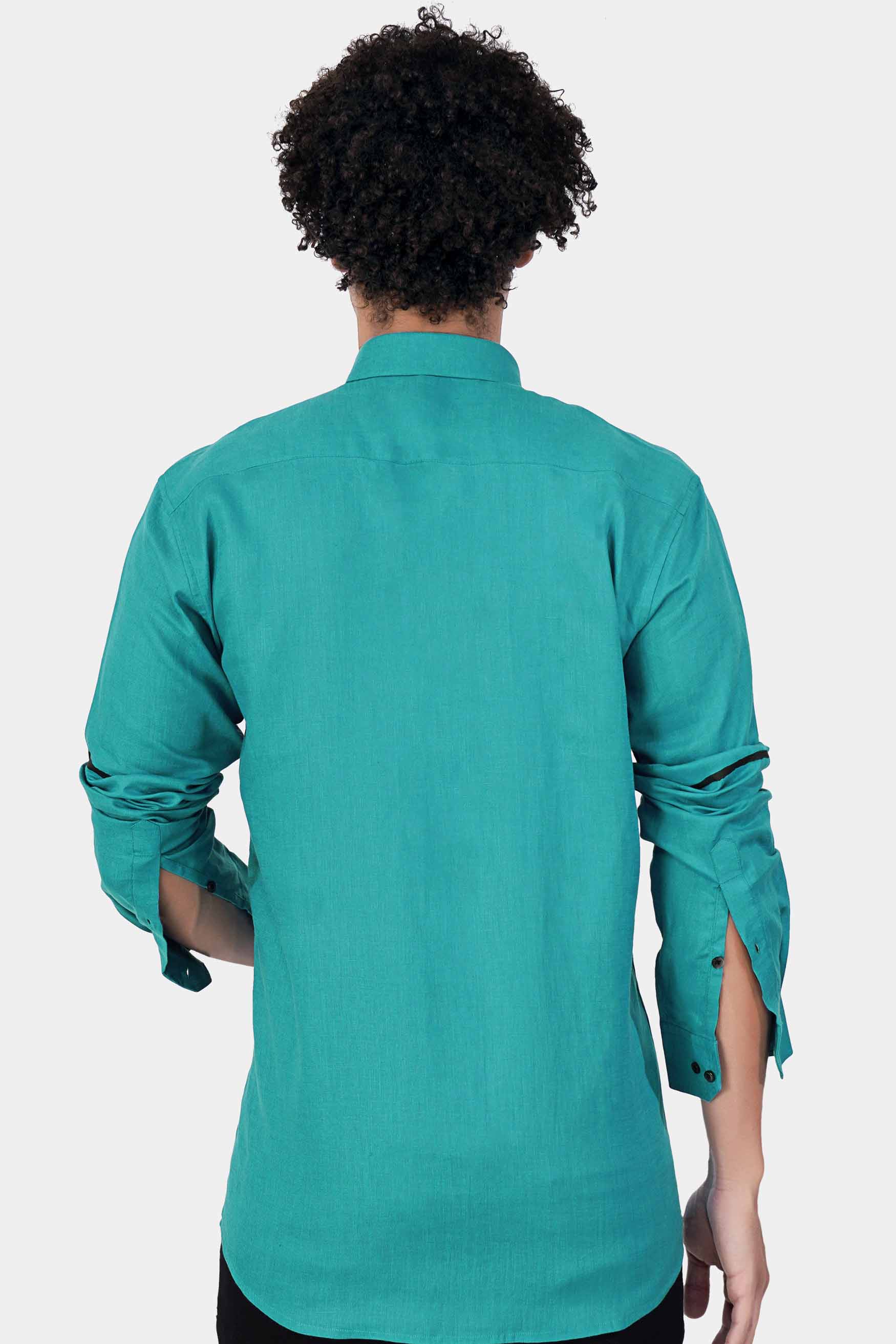 Turquoise Blue Formal/Casual Plain-Solid Premium Linen Shirt For Men