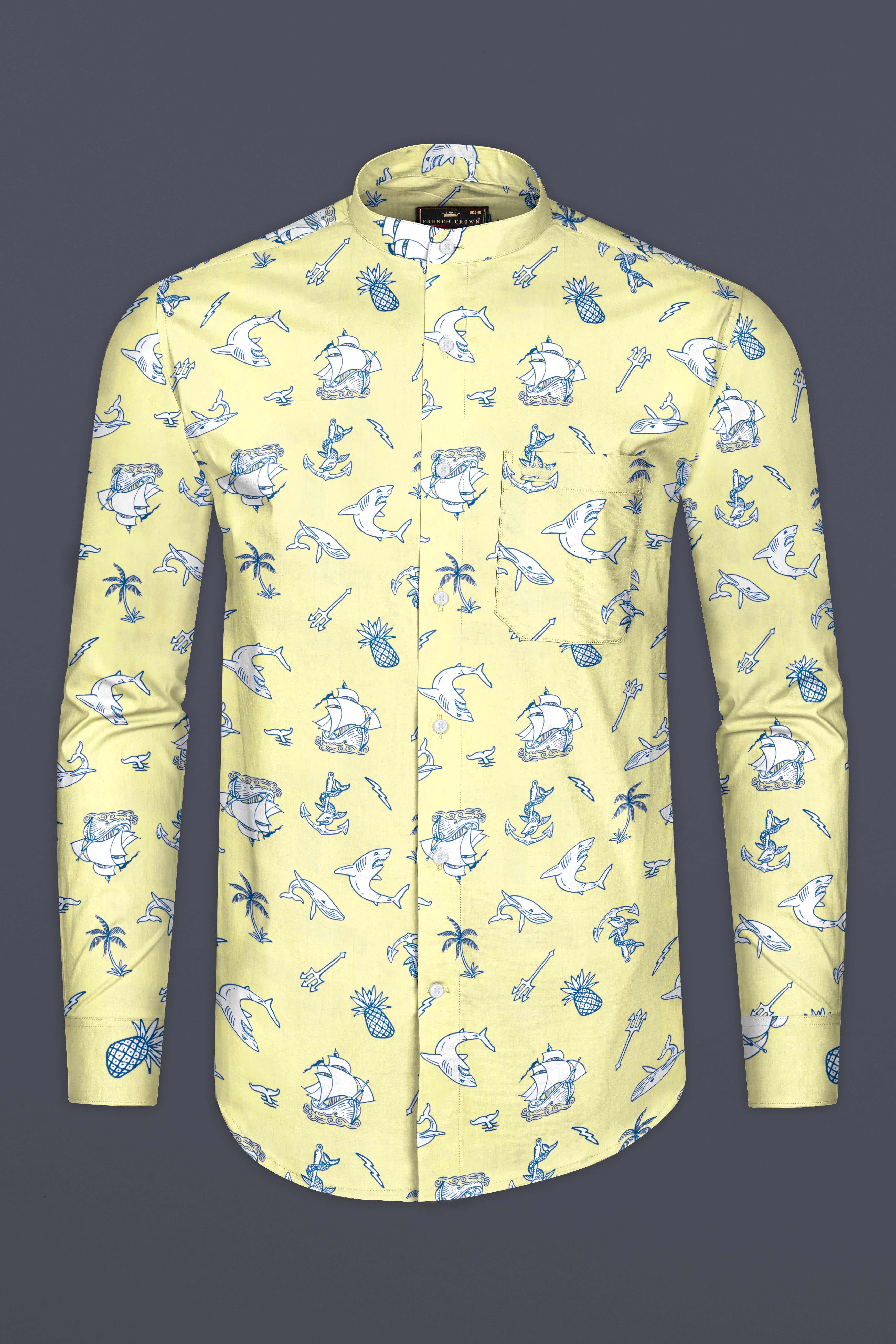 Shalimar Yellow Aqua Life Printed Twill Textured Premium Cotton Shirt