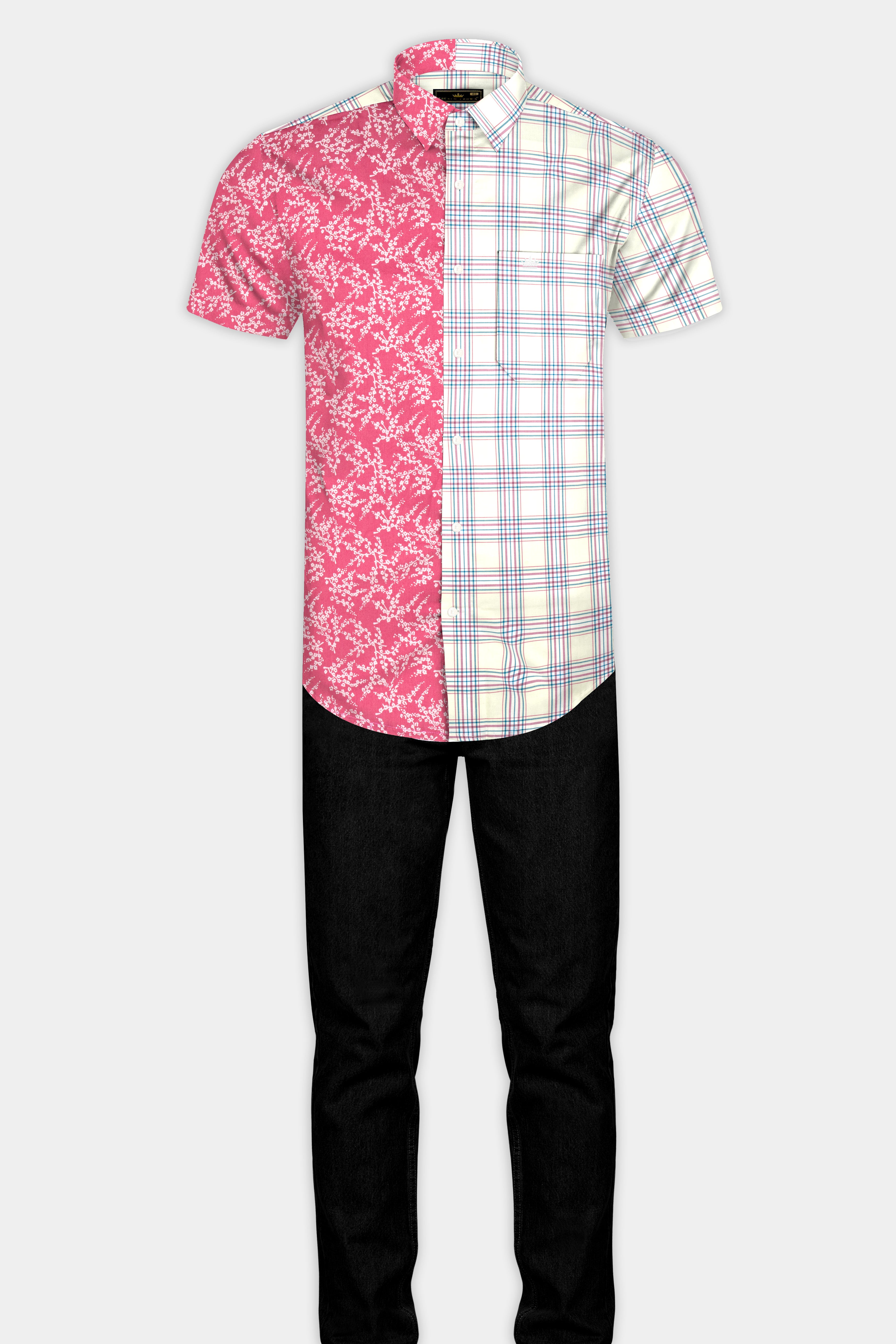 Half Floral and Half Plaid Twill Textured Premium Cotton Shirt