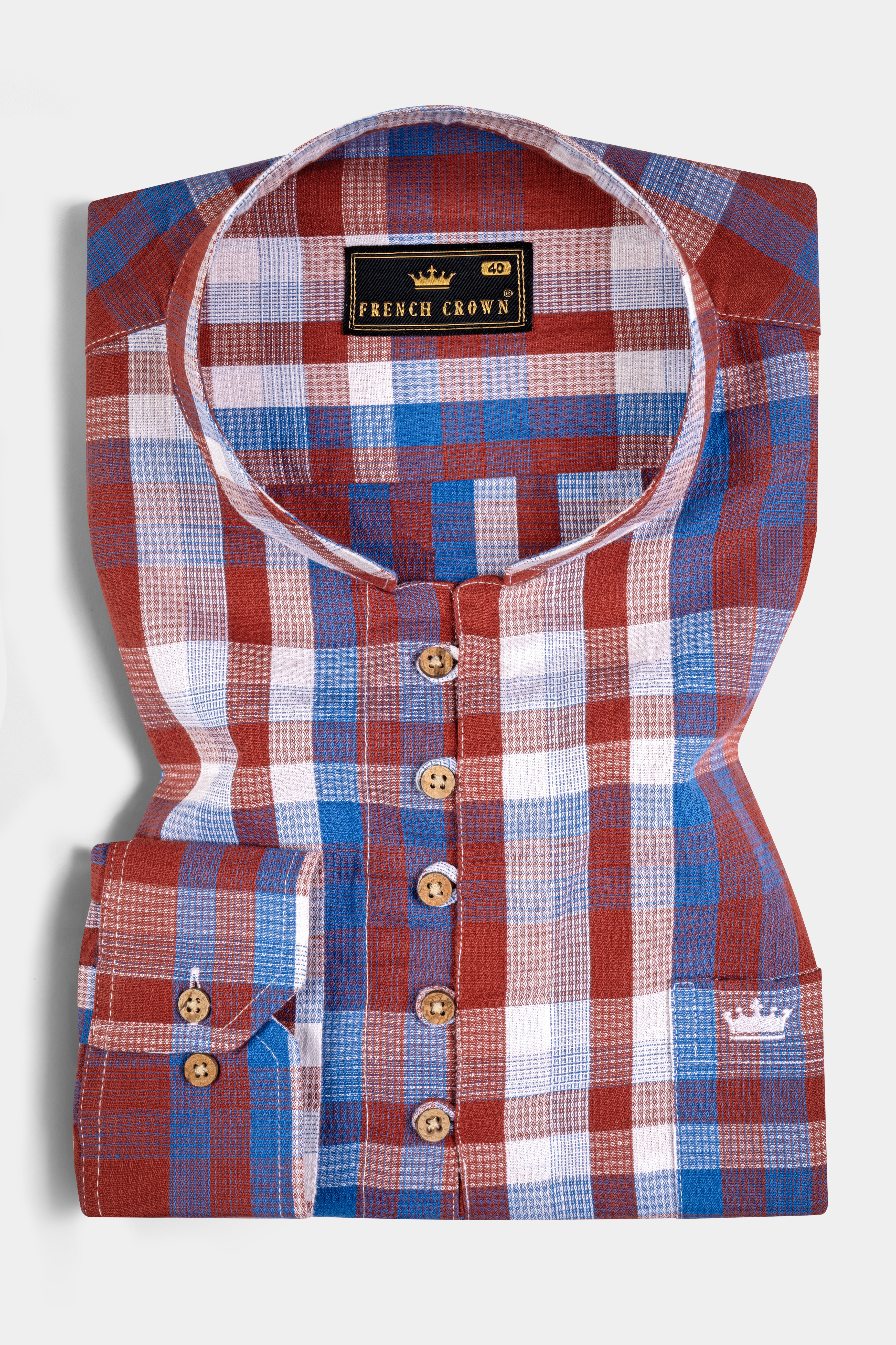 Chestnut Red and Venice Blue Plaid Dobby Textured Premium Giza Cotton Kurta Shirt
