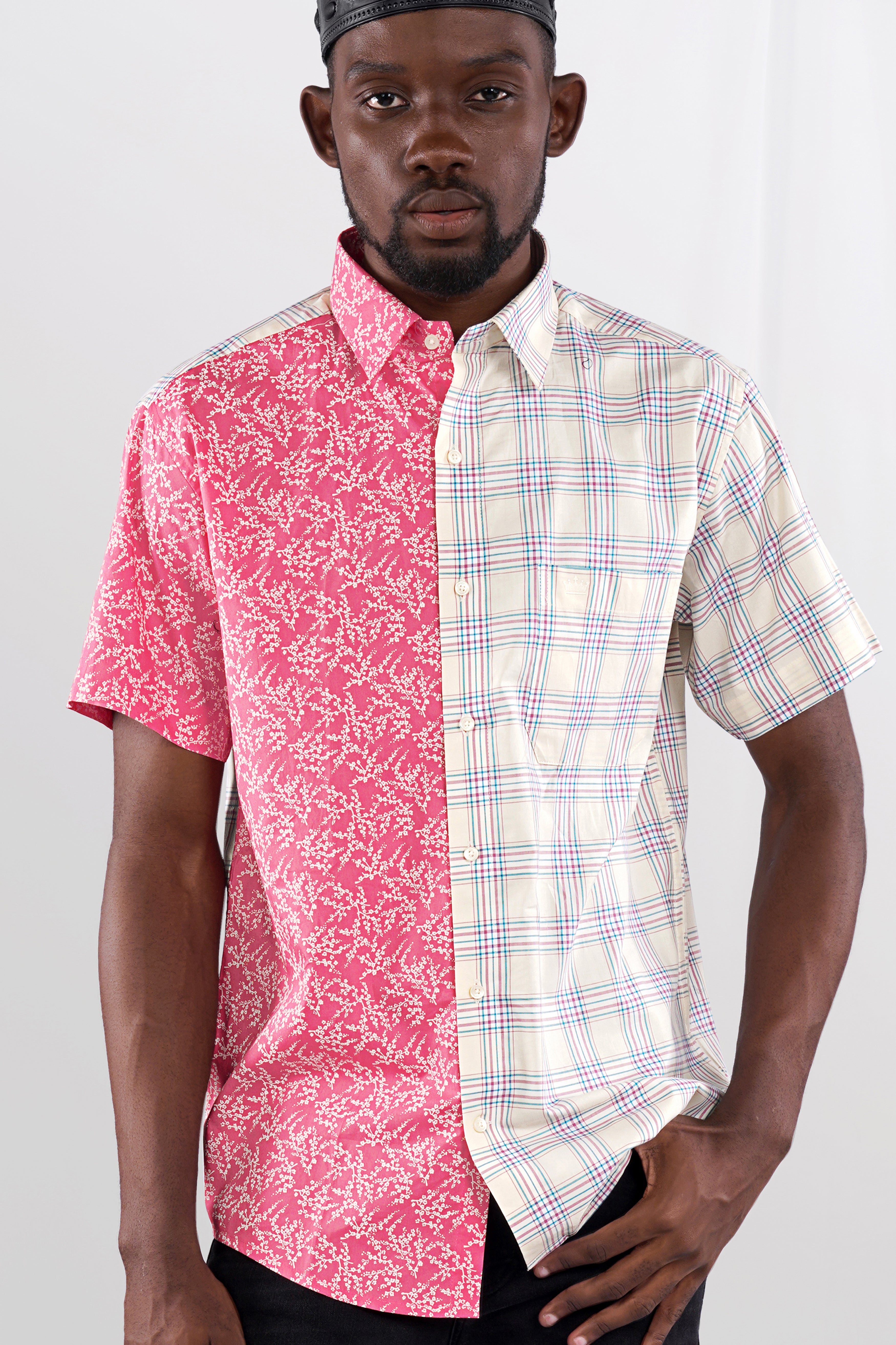 Half Floral and Half Plaid Twill Textured Premium Cotton Shirt