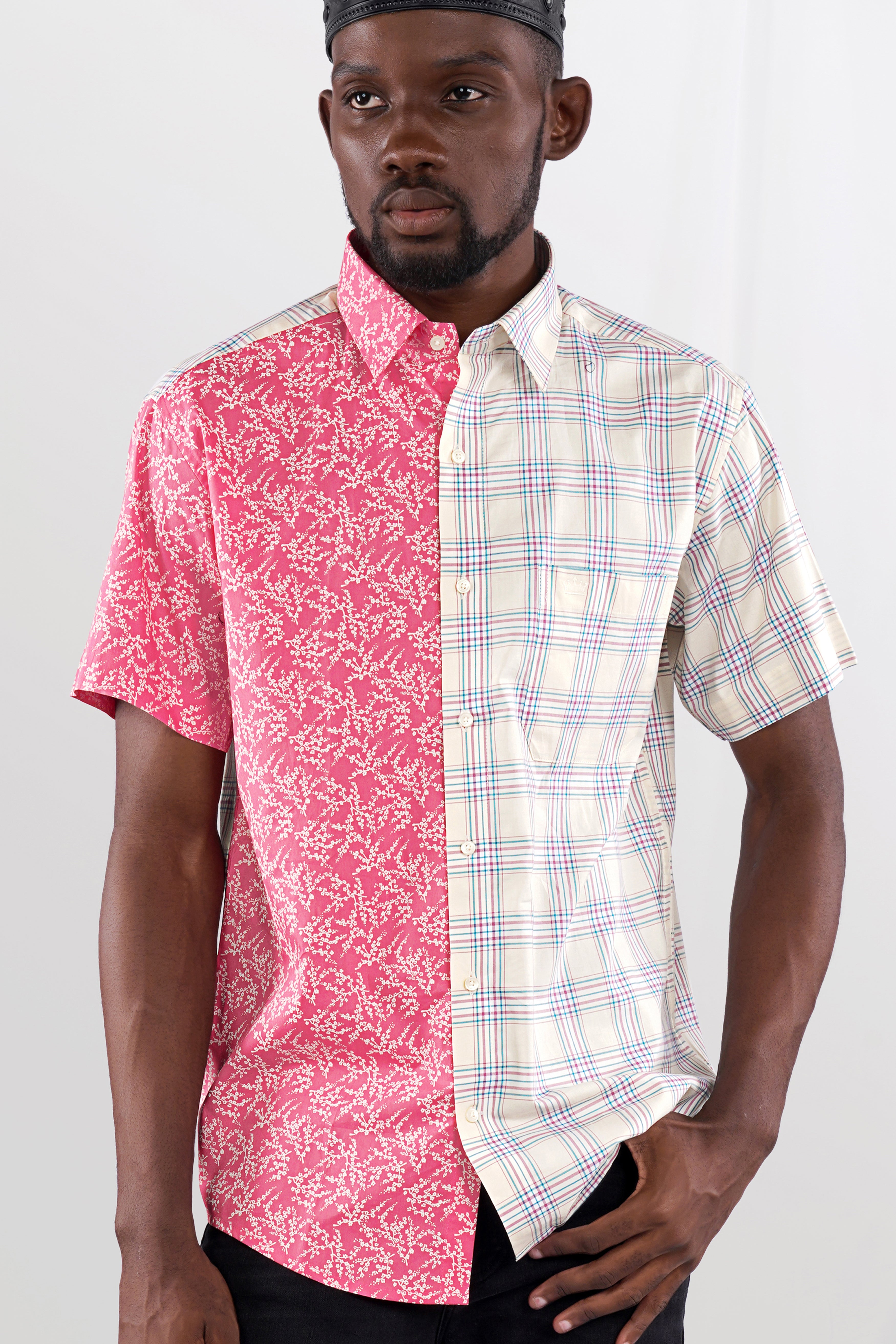 Half Floral and Half Plaid Twill Textured Premium Cotton Shirt