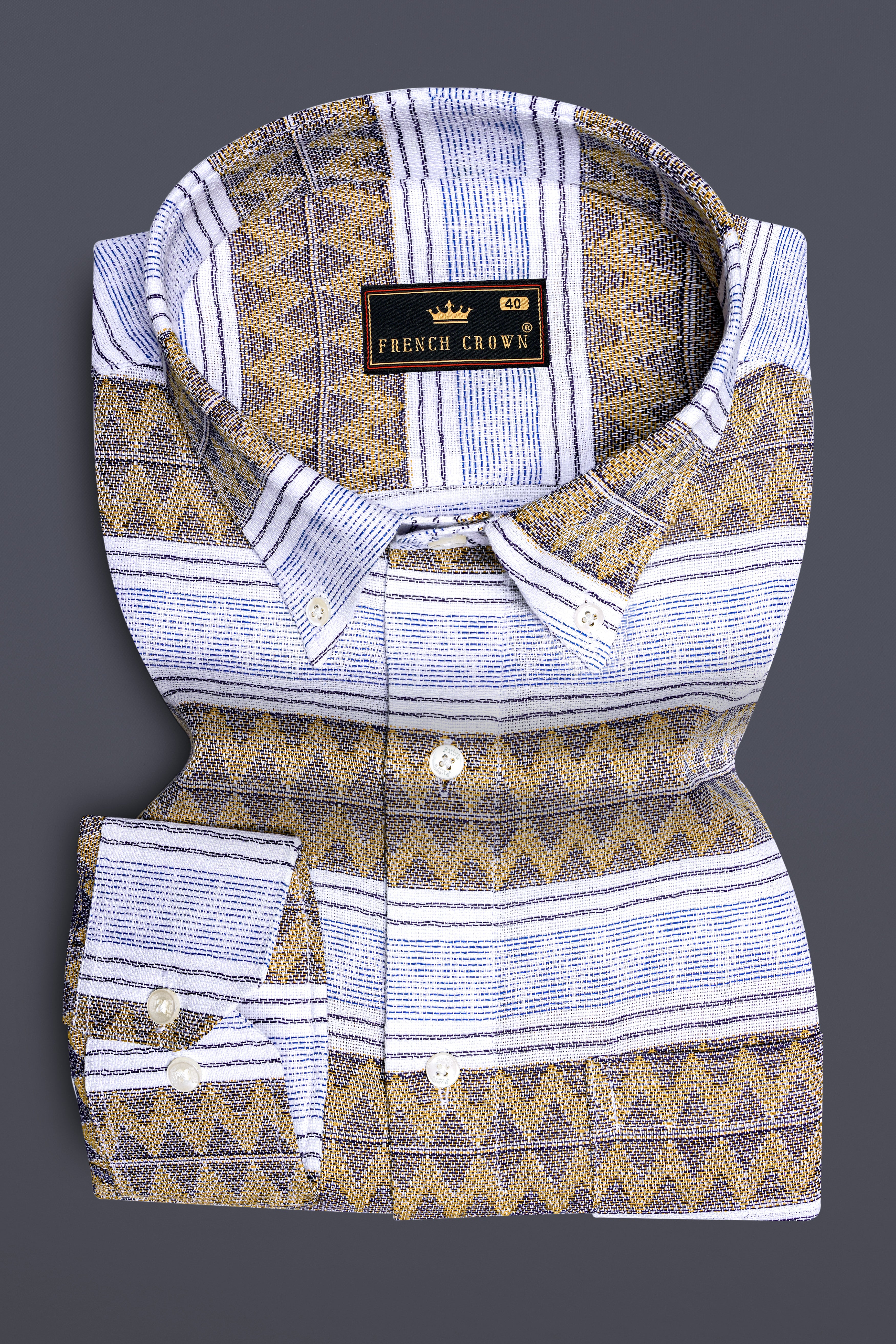 Bright White with Brown  Dobby Textured Premium Cotton Overshirt/Shacket