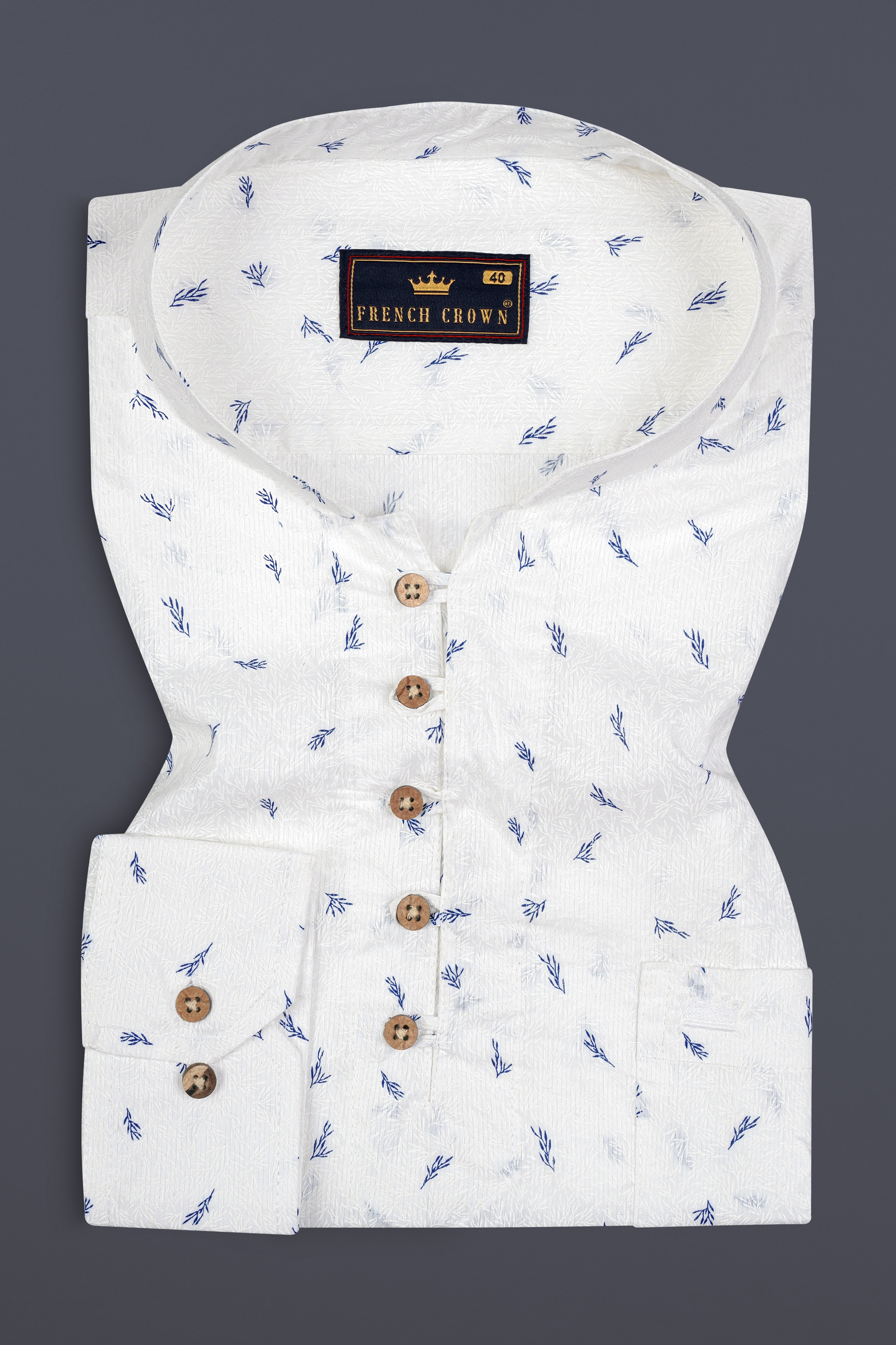 White and Chambray Blue Leaf Print Premium Cotton Kurta Shirt