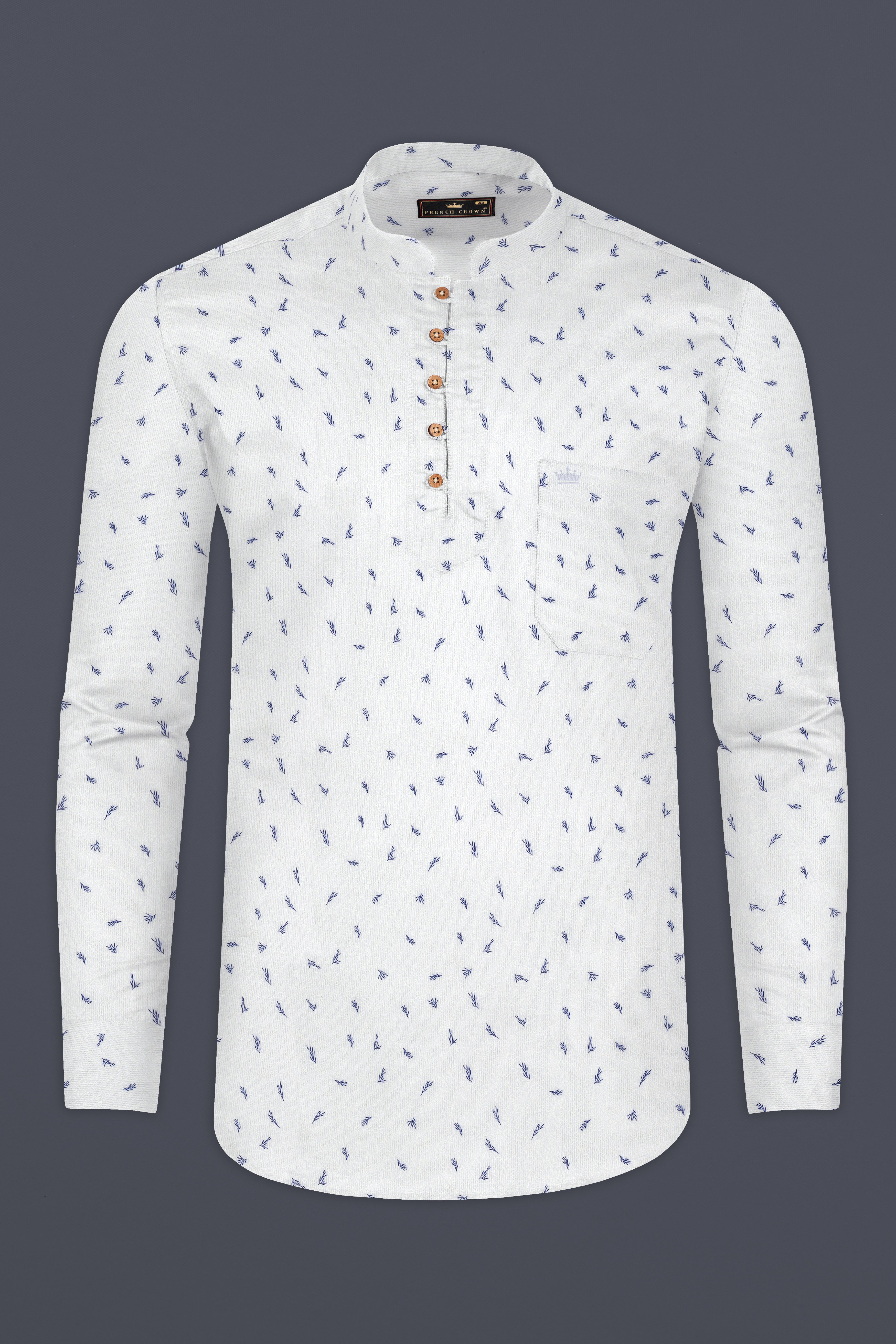 White and Chambray Blue Leaf Print Premium Cotton Kurta Shirt