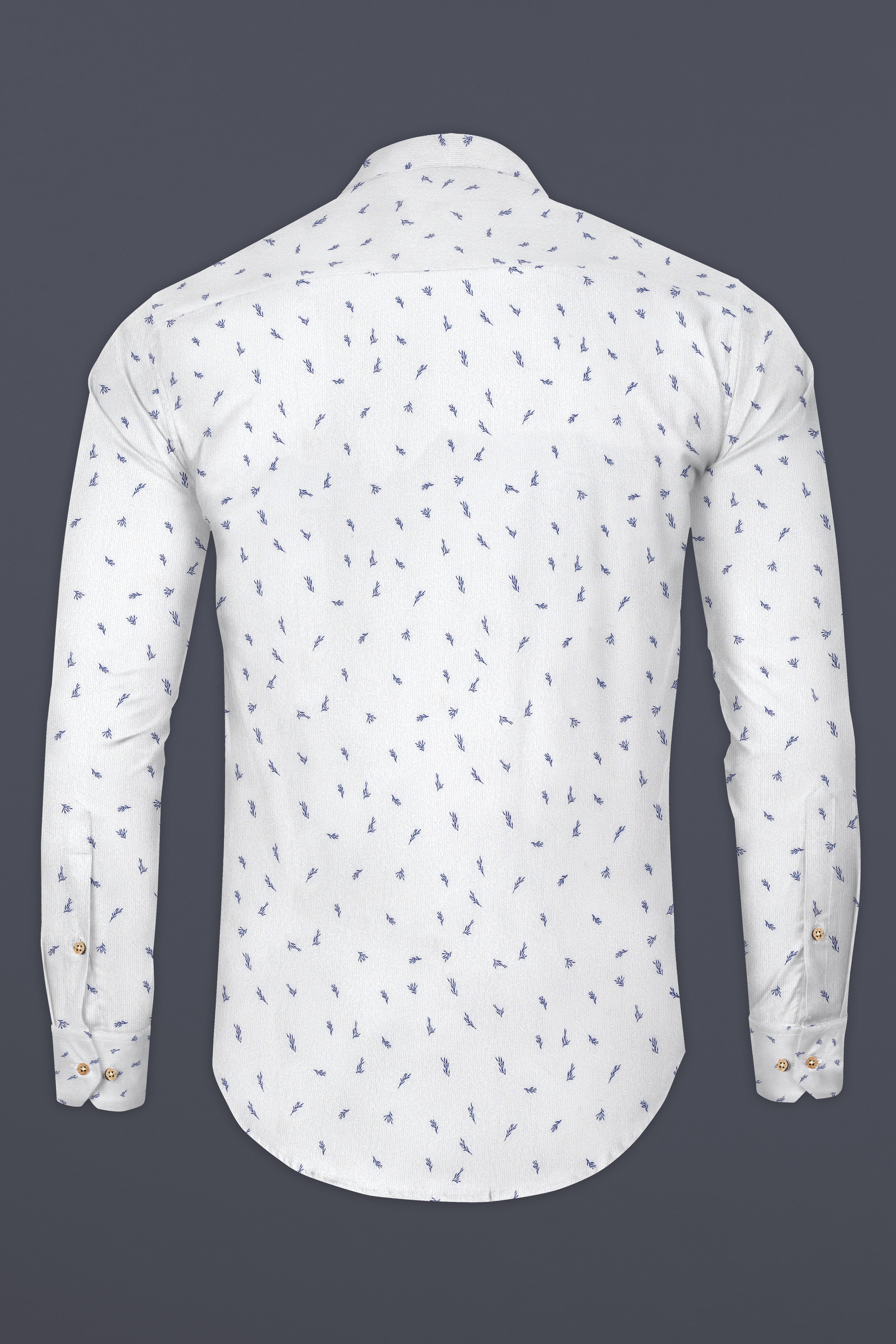 White and Chambray Blue Leaf Print Premium Cotton Kurta Shirt