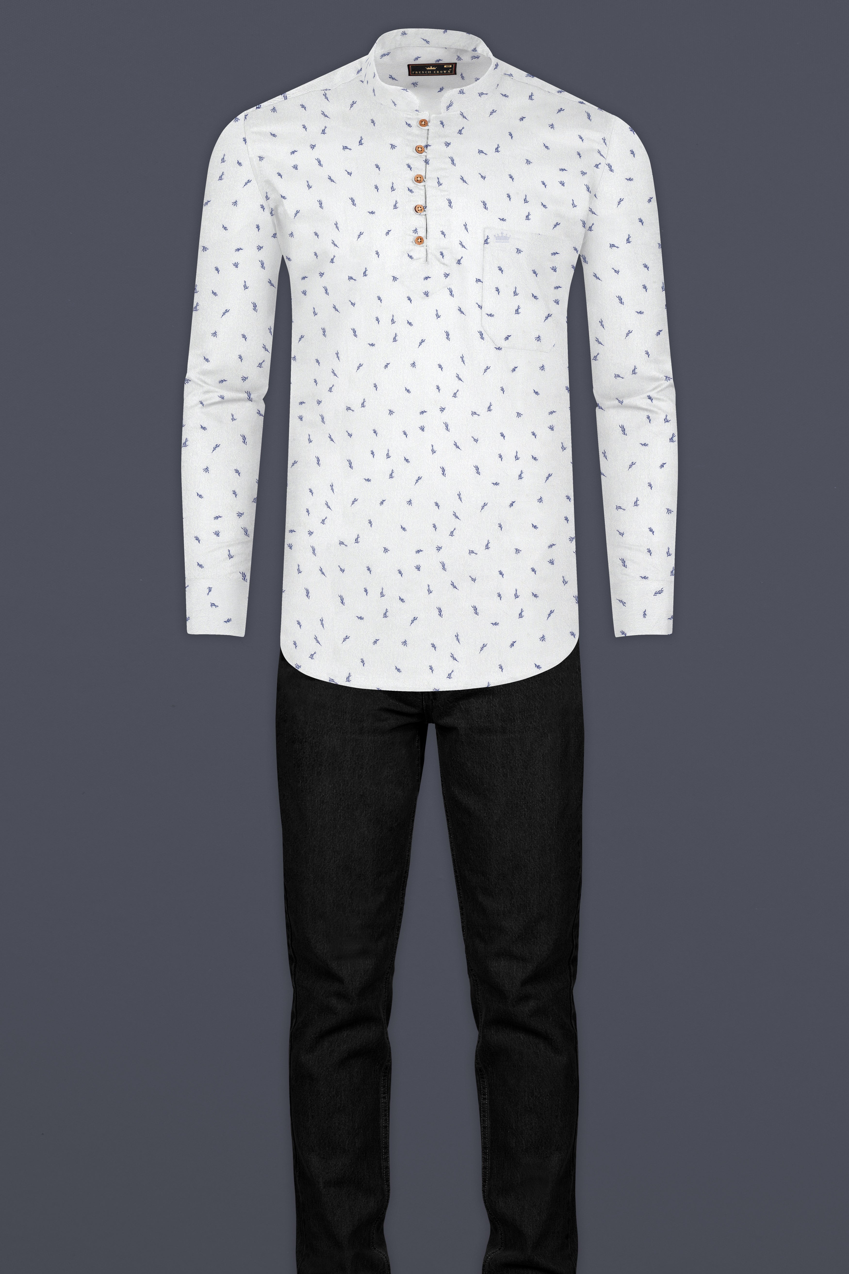 White and Chambray Blue Leaf Print Premium Cotton Kurta Shirt