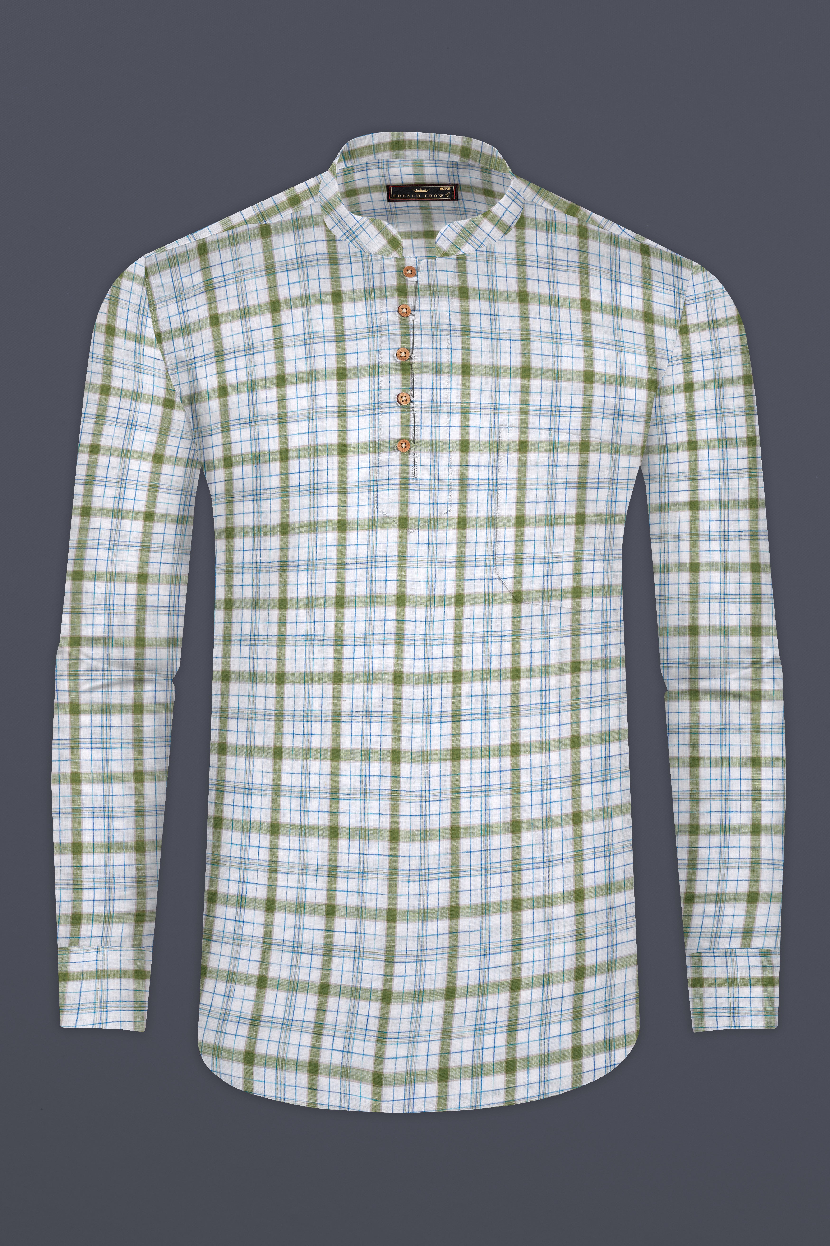 Bright White and Avocado Green Plaid Luxurious Linen Kurta Shirt