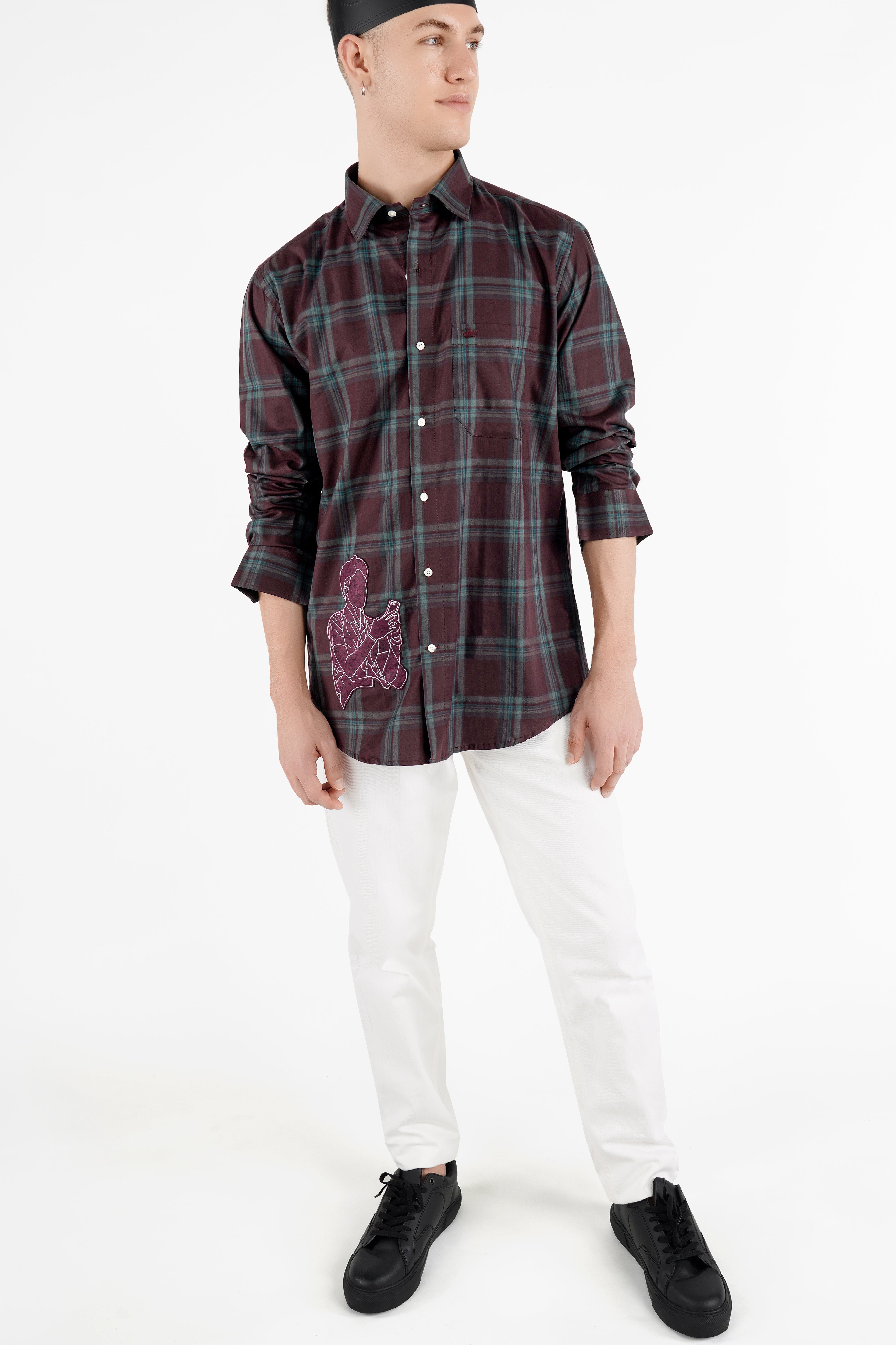 Crater Port Maroon with Gable Green Checkered with Patchwork Twill Premium Cotton Designer Shirt