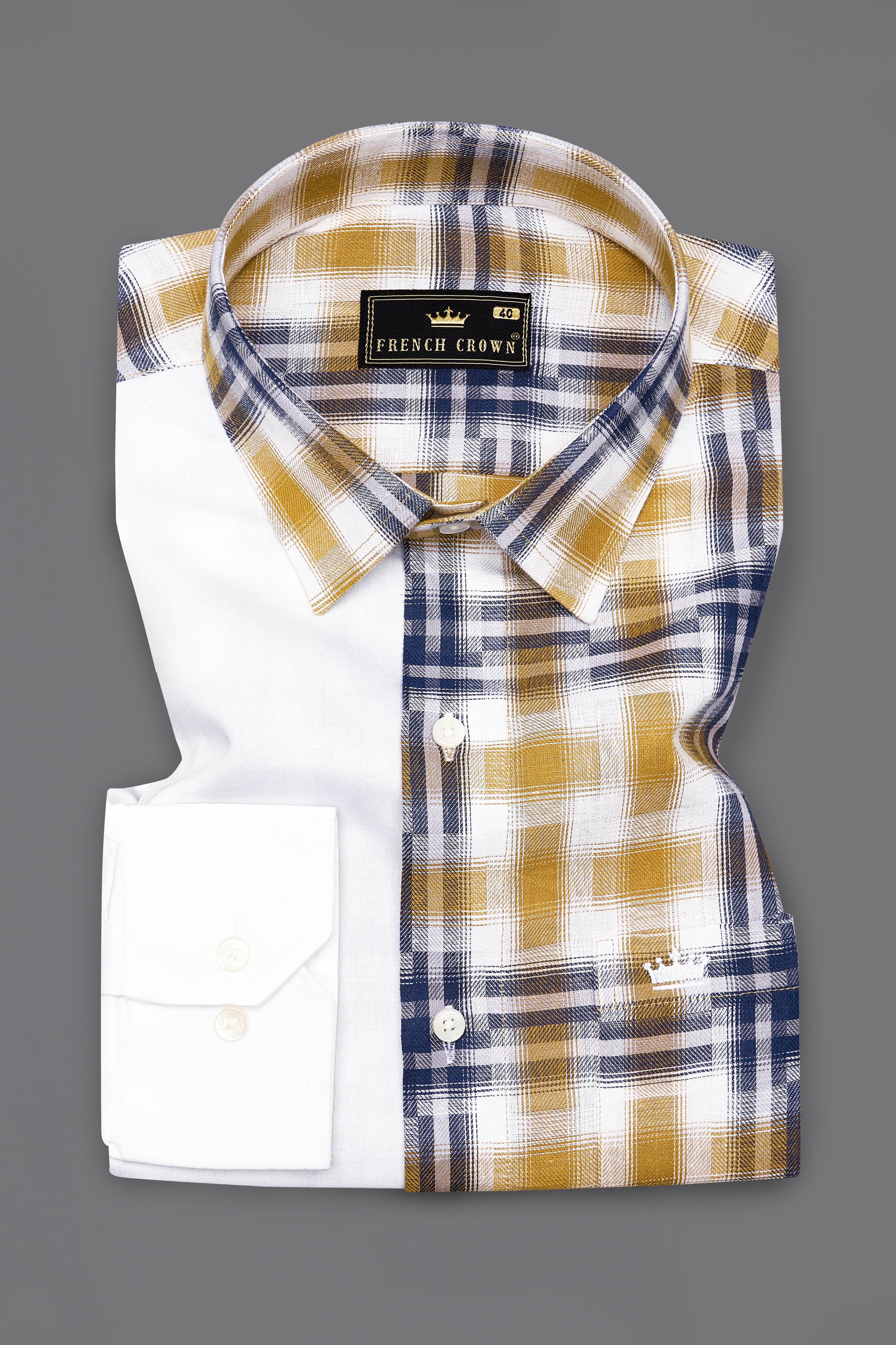 Bright White with Muesli Brown and Midnight Blue Funky Printed Twill Premium Cotton Designer Shirt
