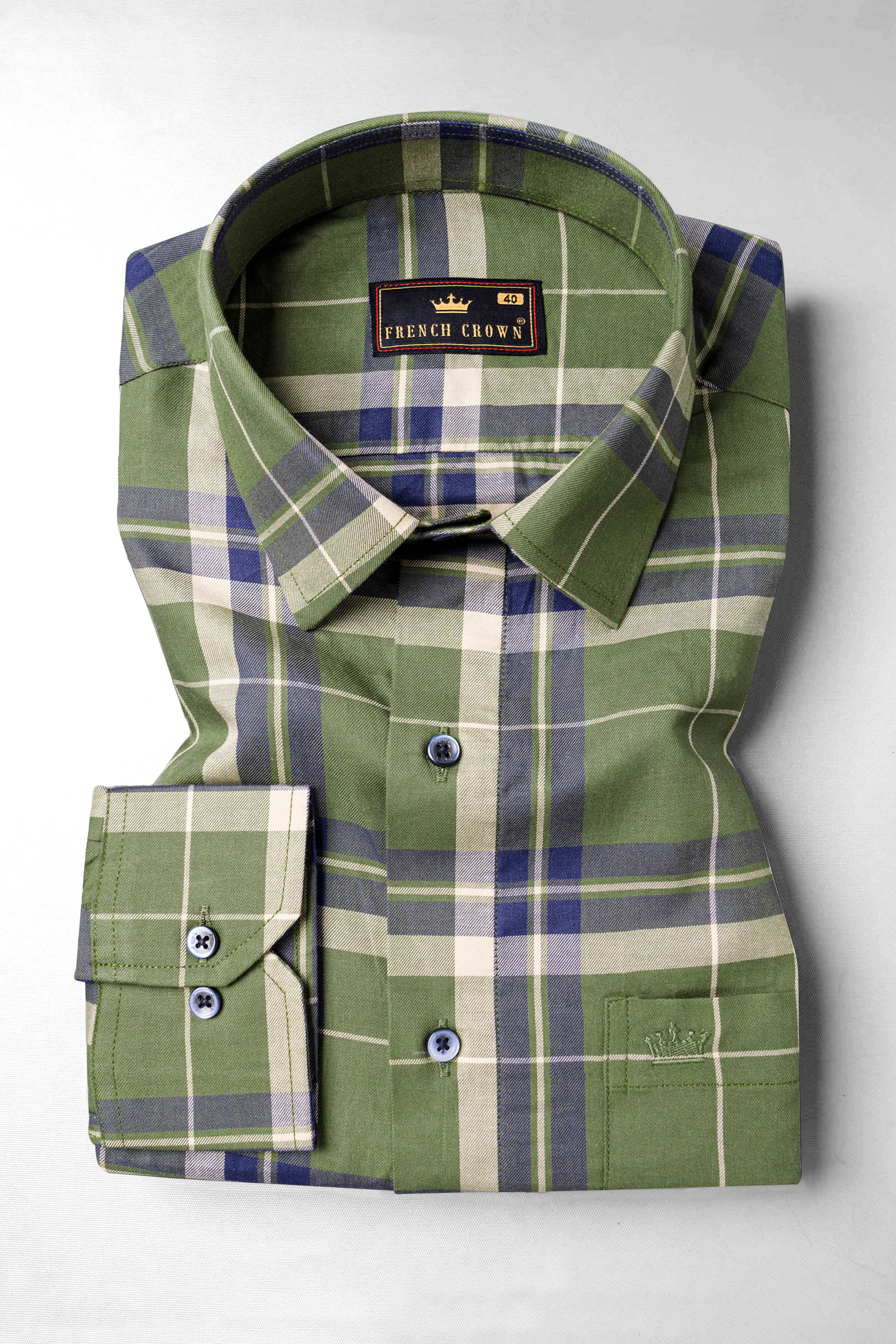 Dingley Green with Downriver Blue Plaid Printed Twill Premium Cotton Signature Designer Shirt