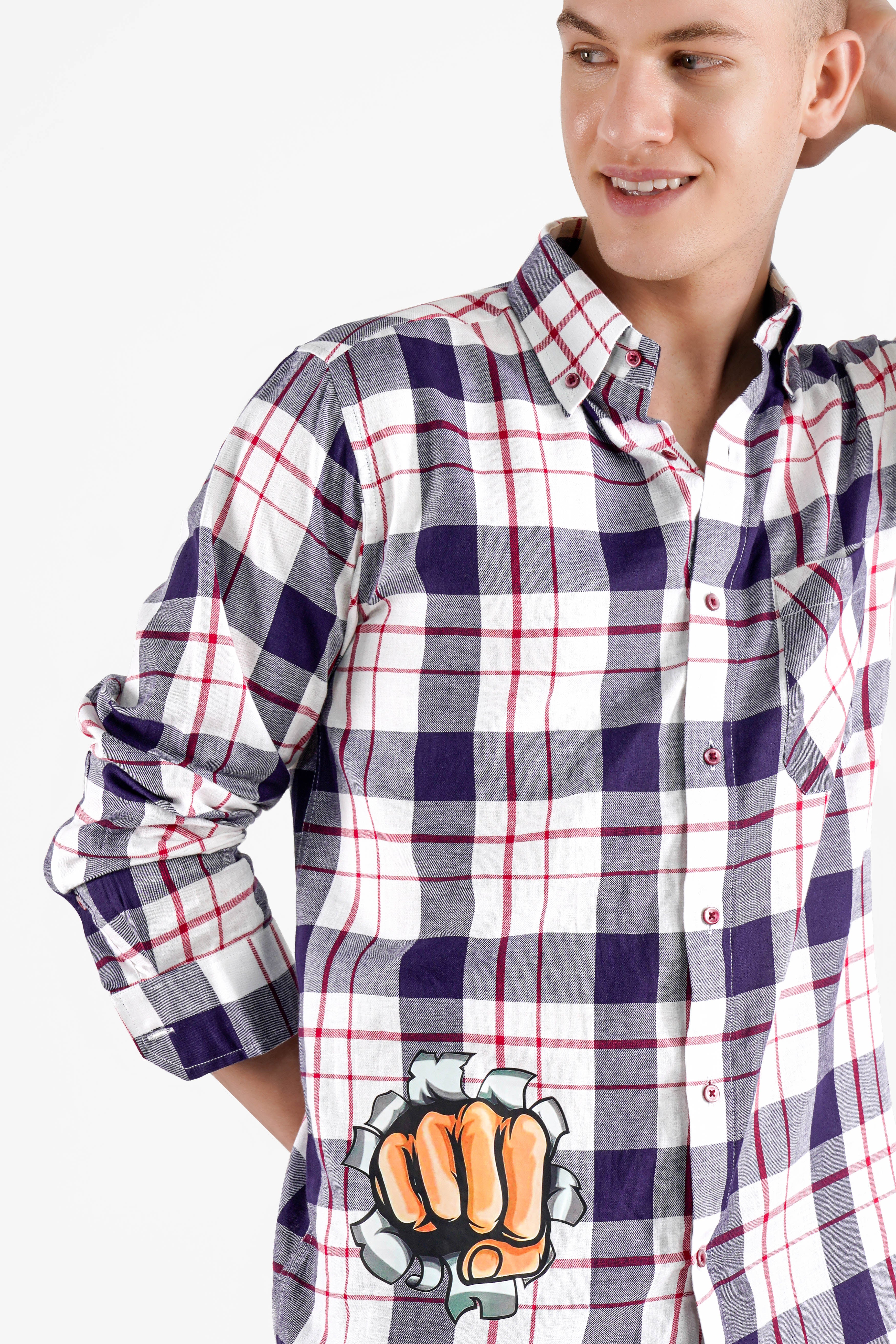 Bright White with Violet Checkered Funky Printed Twill Premium Cotton Designer Shirt
