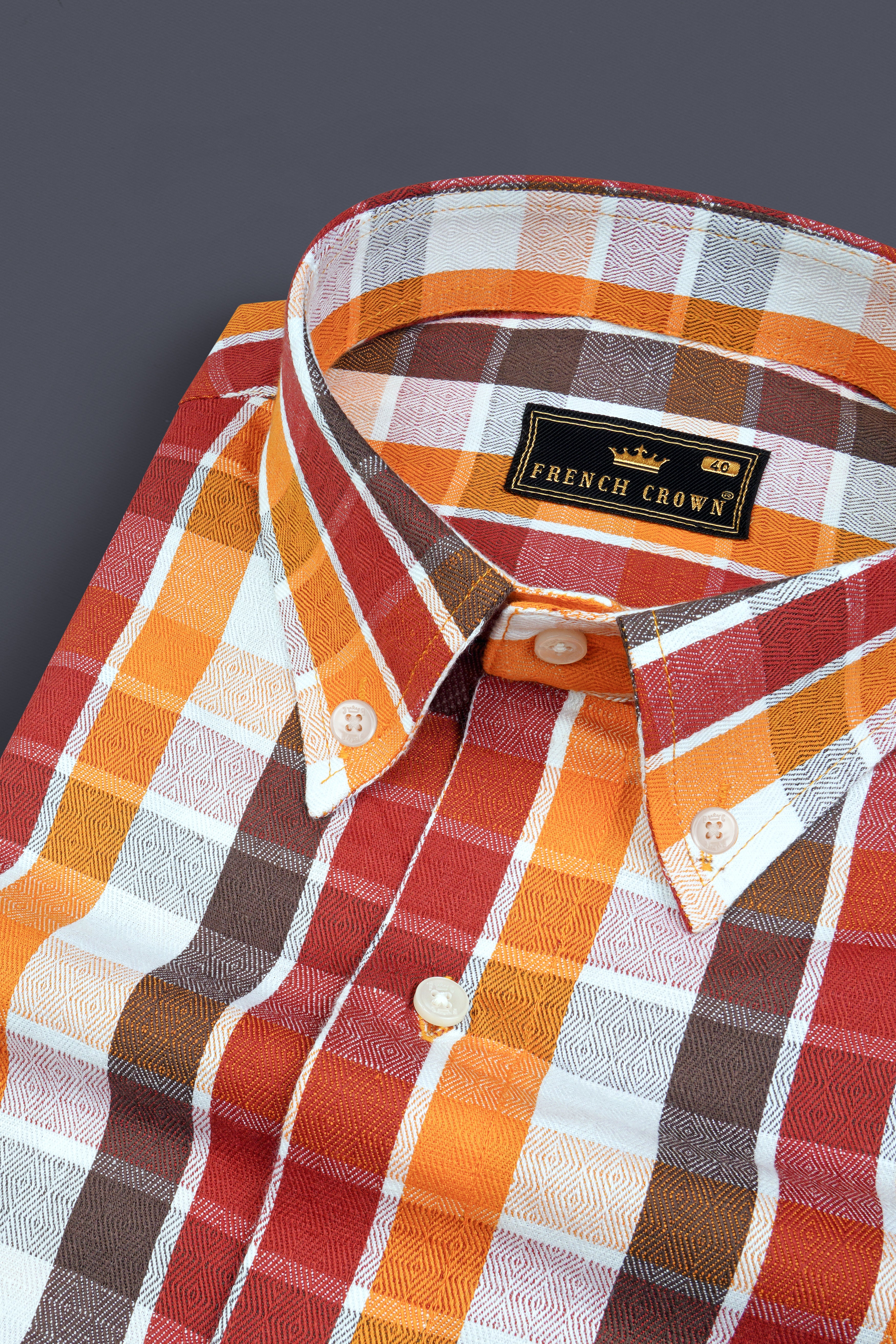 Fire Bush Orange and Rose Madder Red Plaid Dobby Textured Premium Giza Cotton Shirt