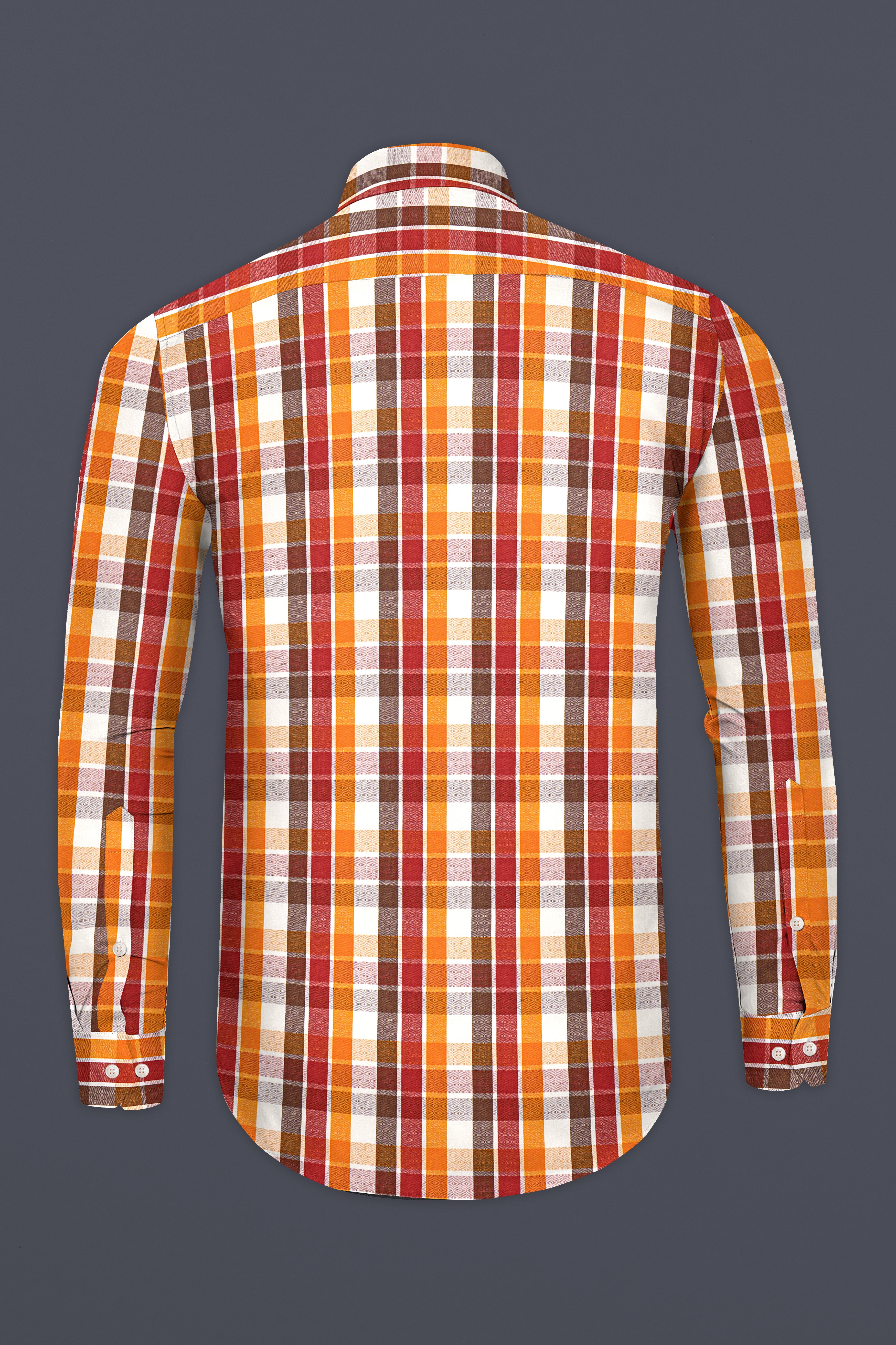 Fire Bush Orange and Rose Madder Red Plaid Dobby Textured Premium Giza Cotton Shirt