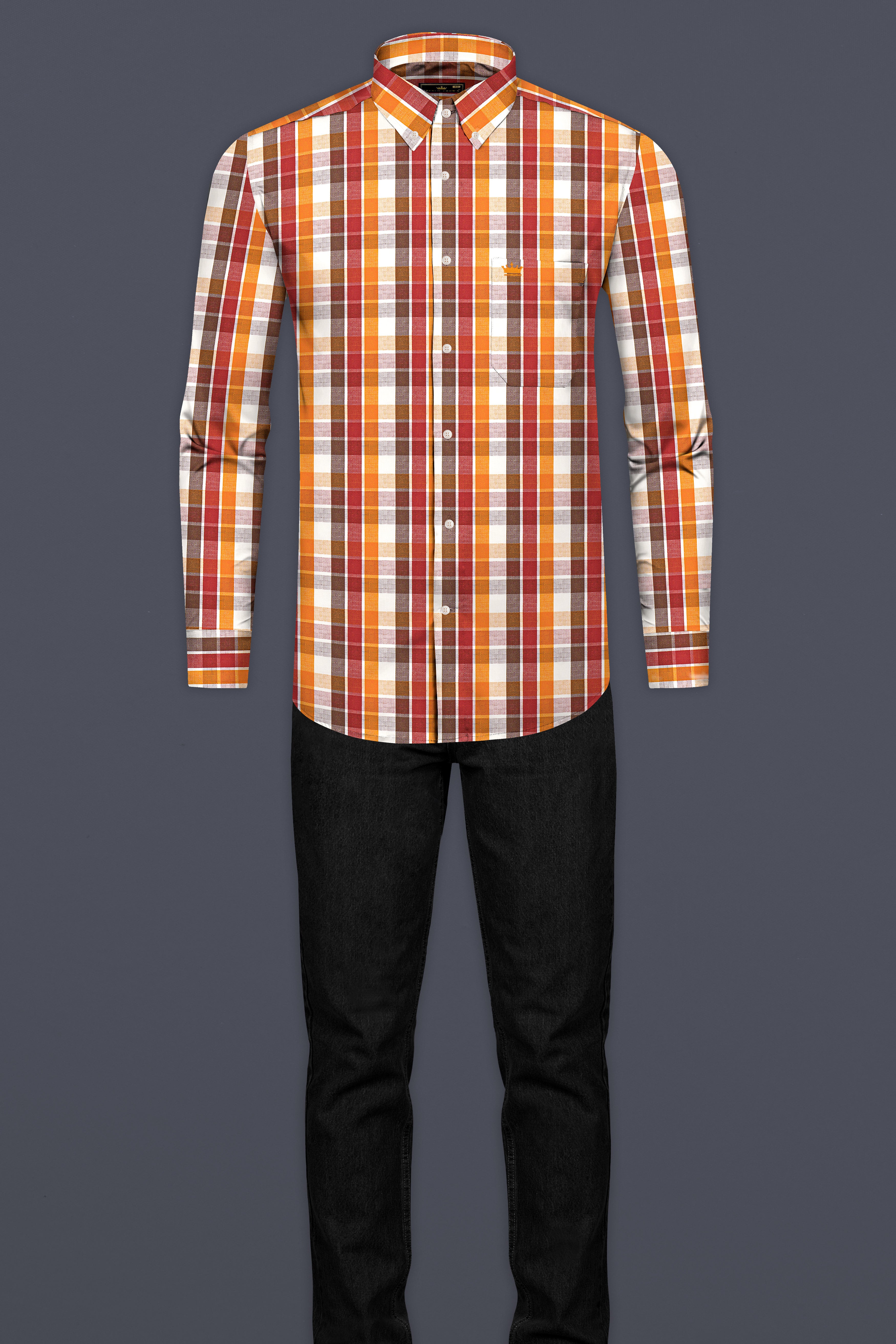 Fire Bush Orange and Rose Madder Red Plaid Dobby Textured Premium Giza Cotton Shirt