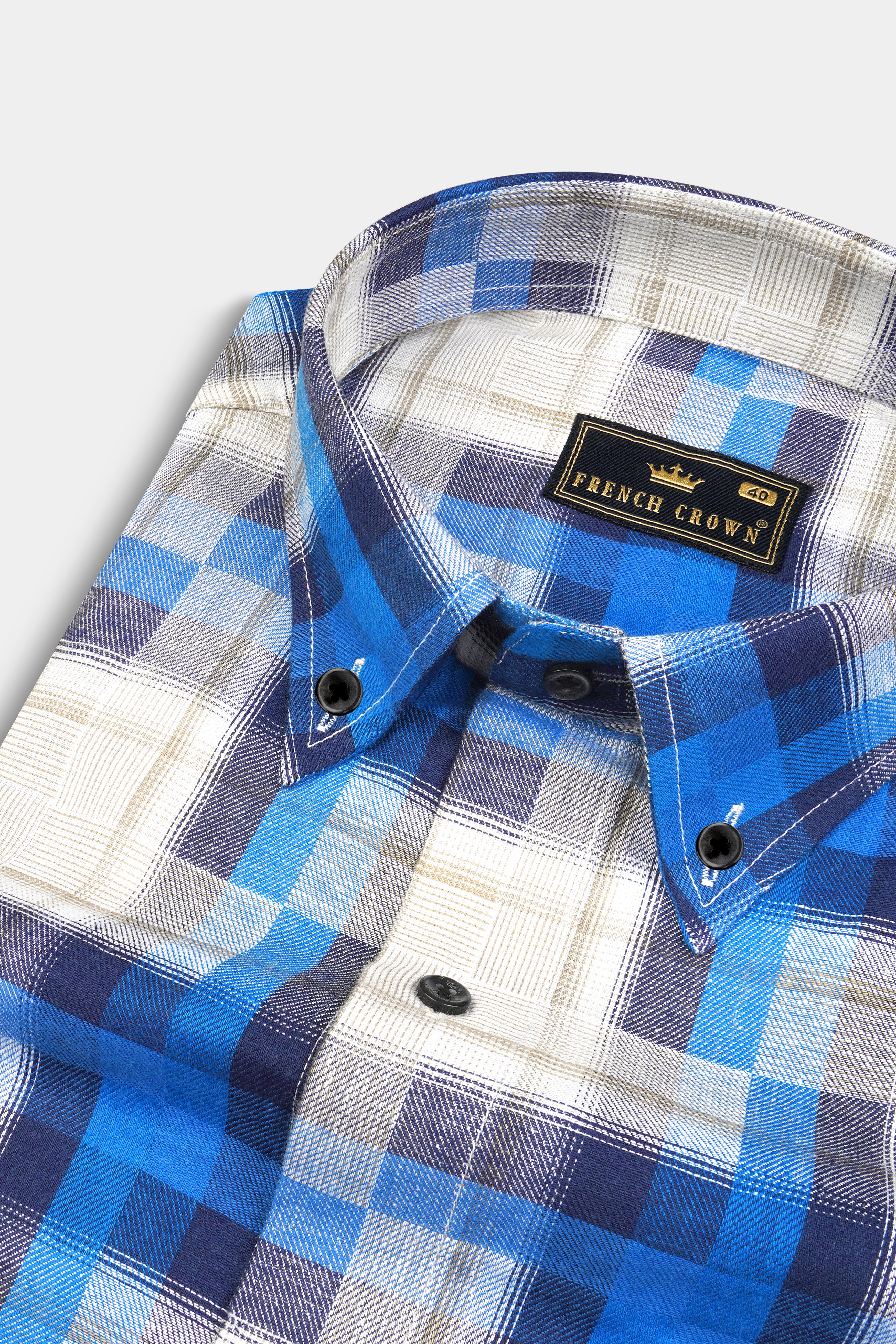 Mariner Blue and Pavlova Beige Twill Plaid Textured Premium Cotton Shirt