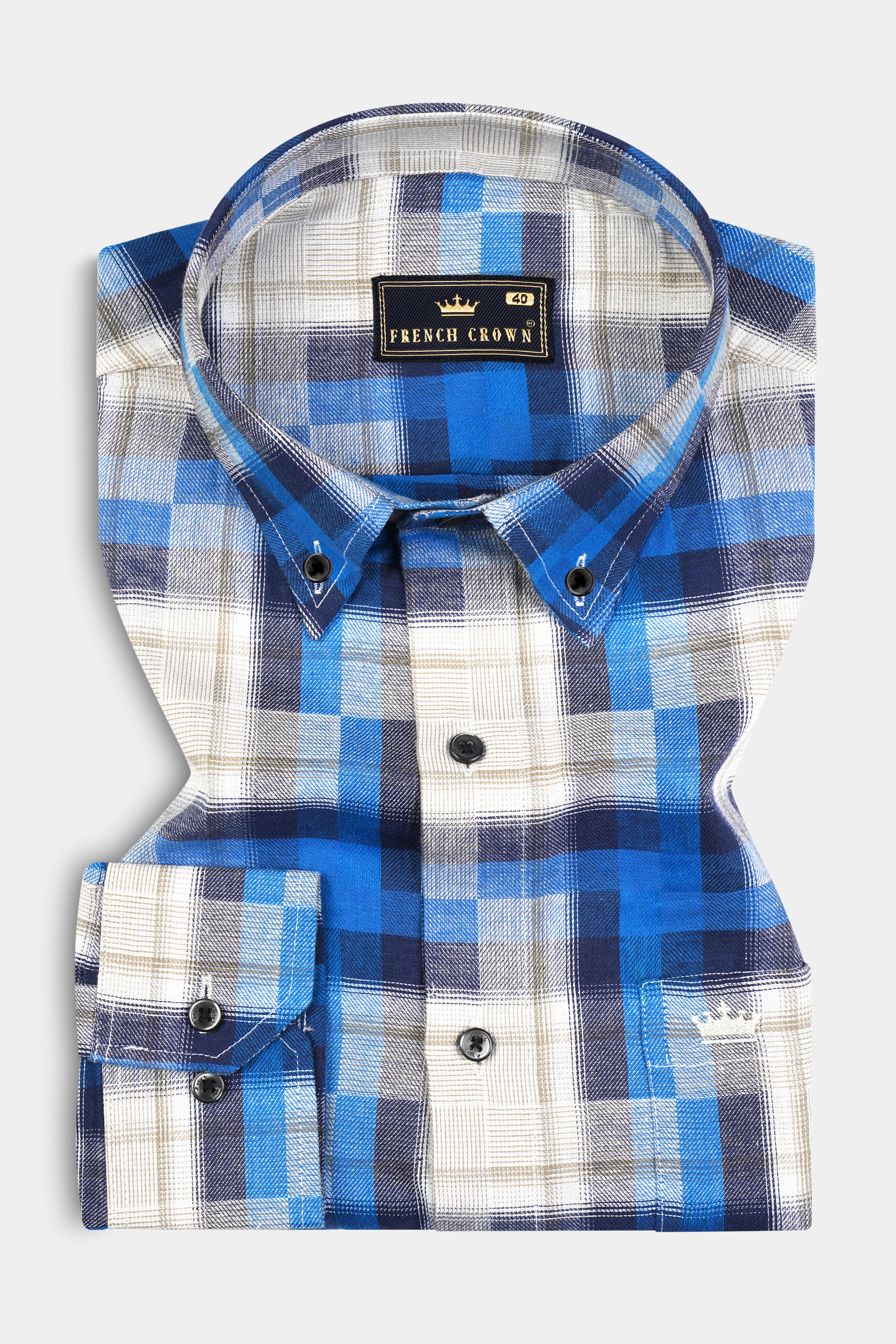 Mariner Blue and Pavlova Beige Twill Plaid Textured Premium Cotton Shirt