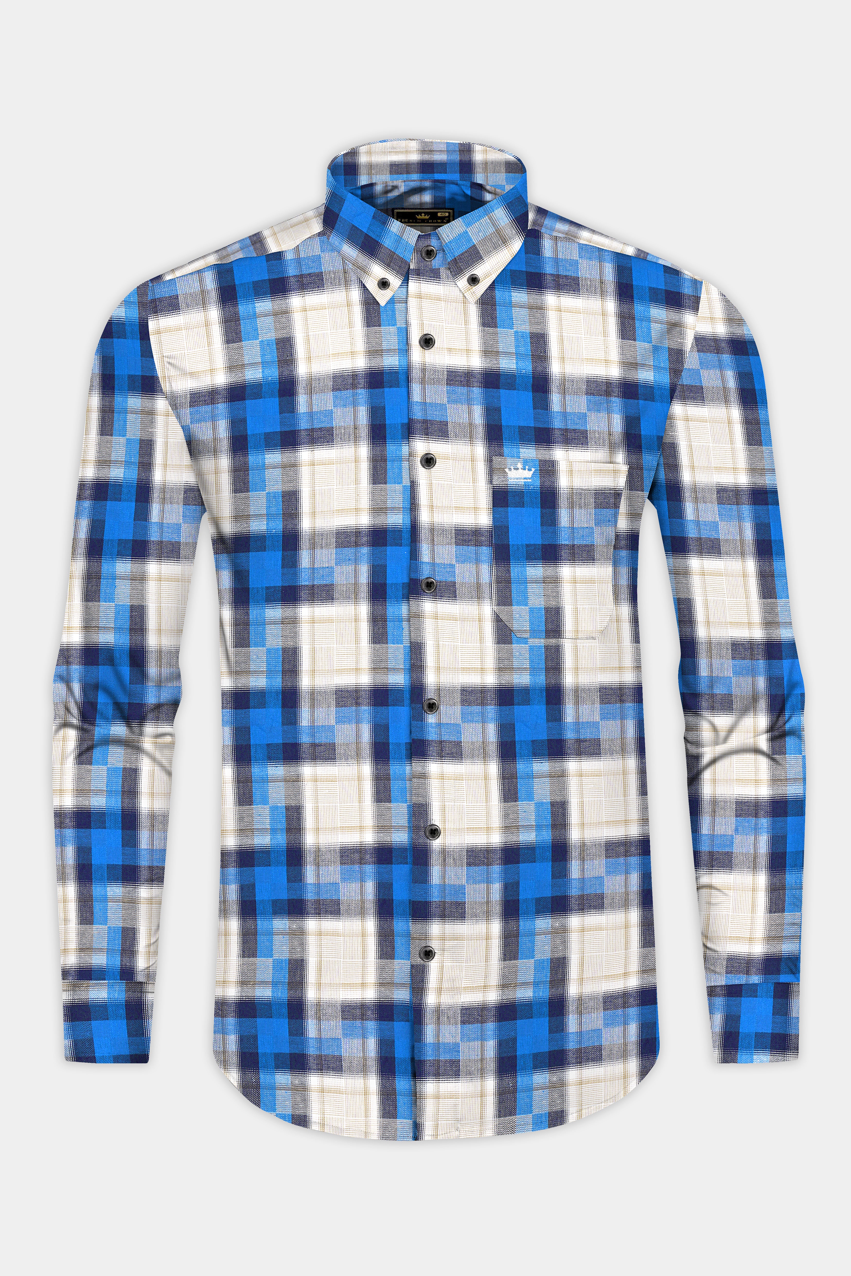 Mariner Blue and Pavlova Beige Twill Plaid Textured Premium Cotton Shirt