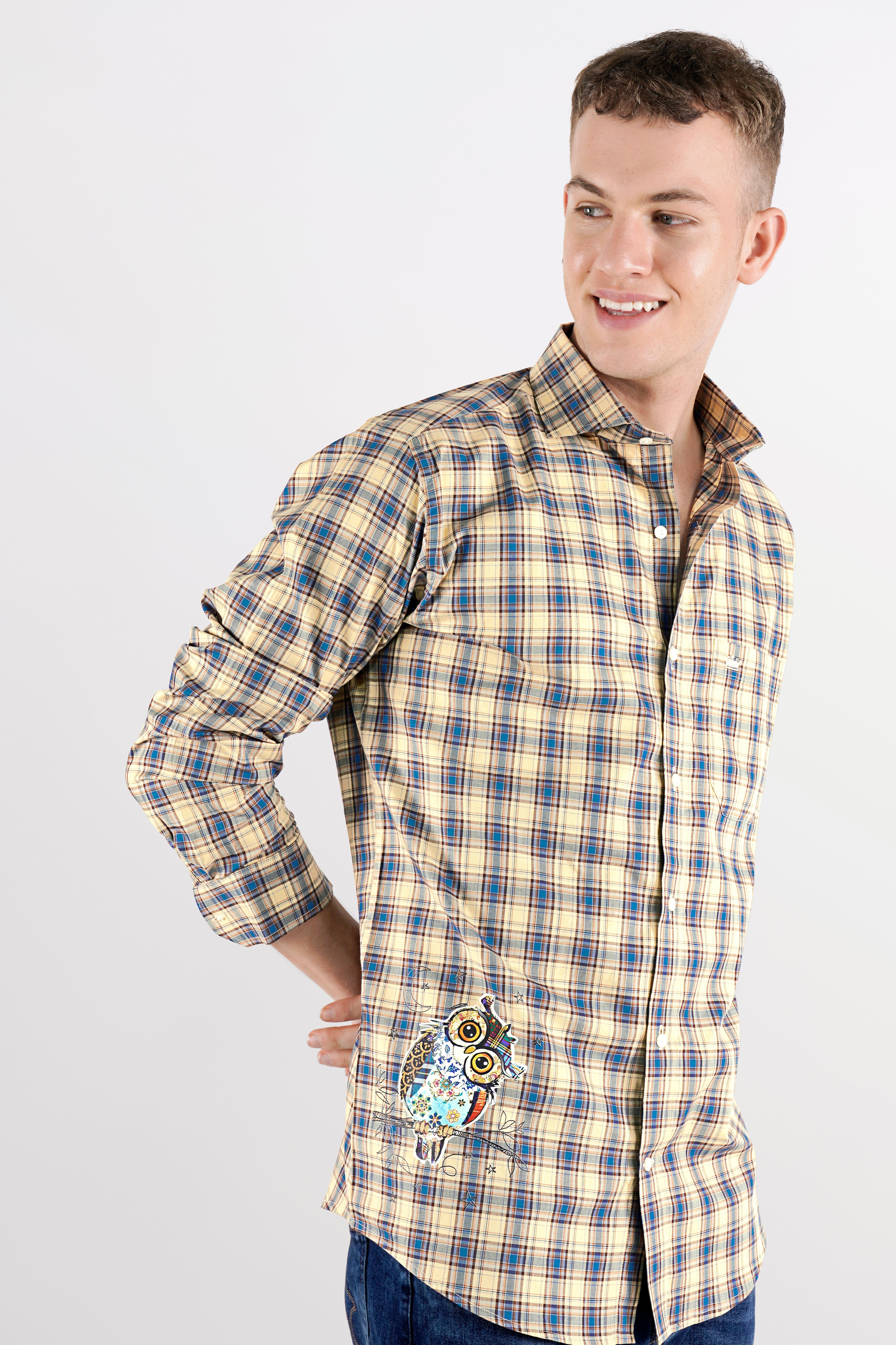 Double Pearl Lusta Beige and Astral Blue with Owl printed Twill Premium Giza Cotton Designer Shirt