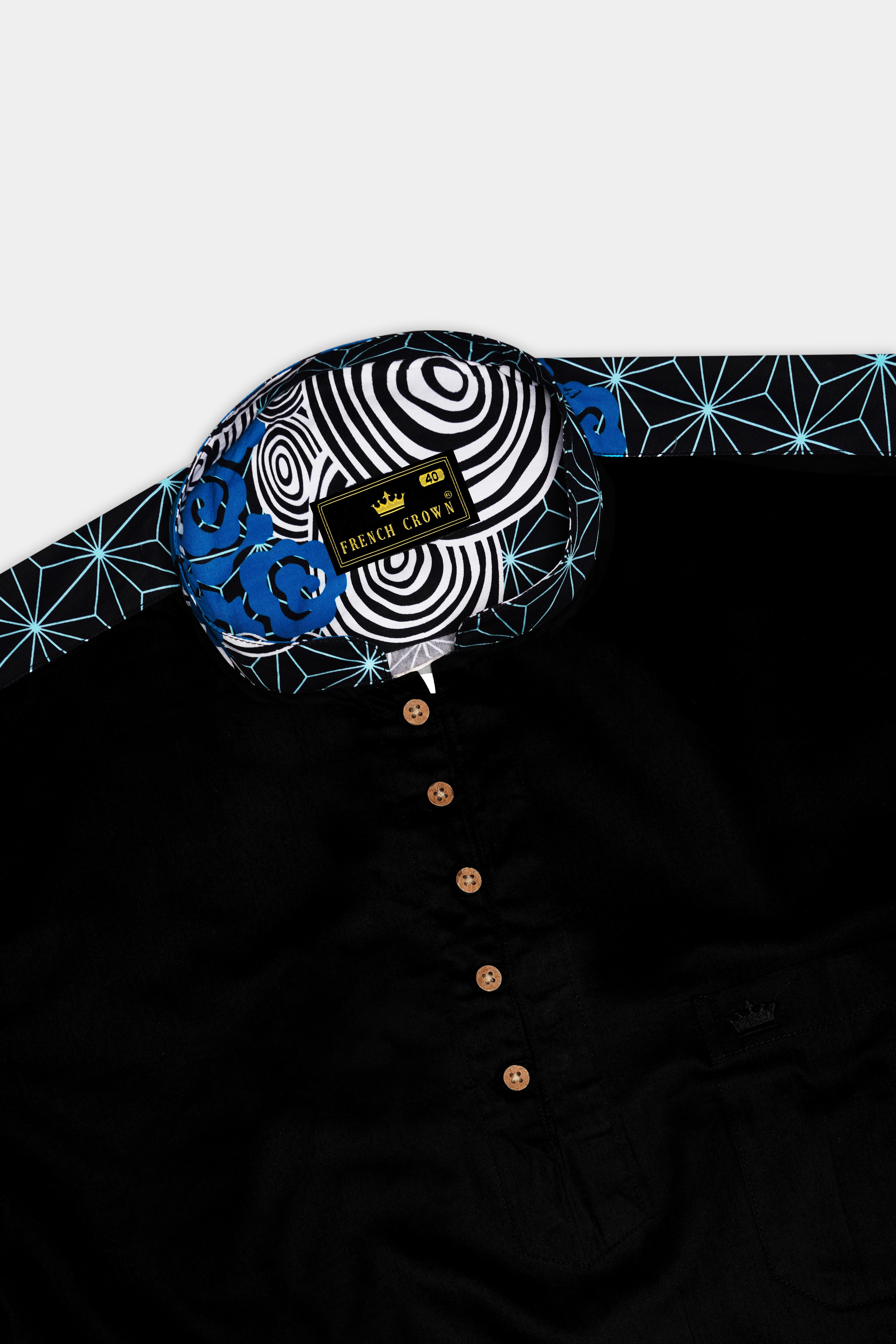 Jade Black with Galactic Printed sleeves and Collar Premium Cotton Kurta Shirt