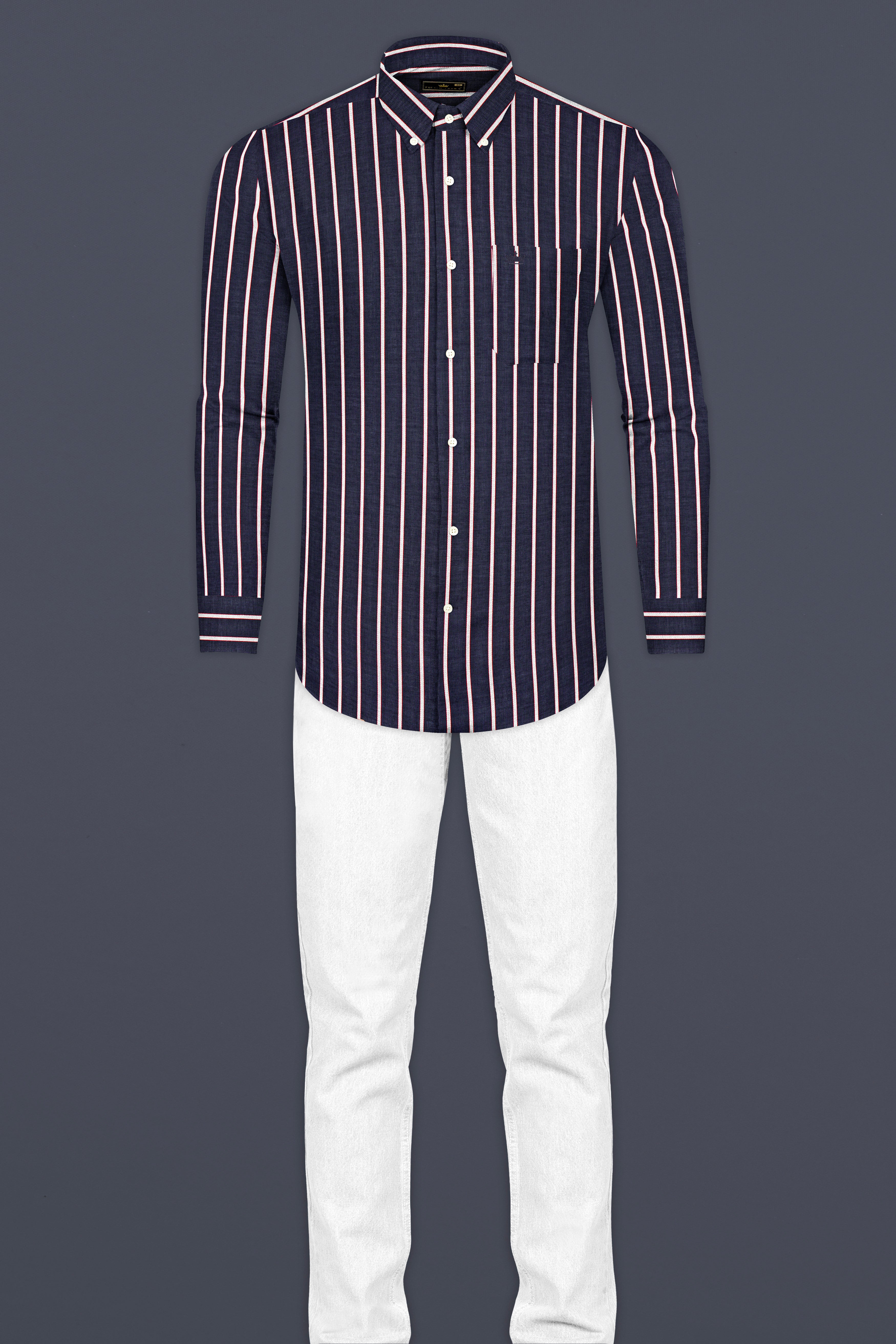 Outer Space Black and White Striped Premium Cotton Shirt