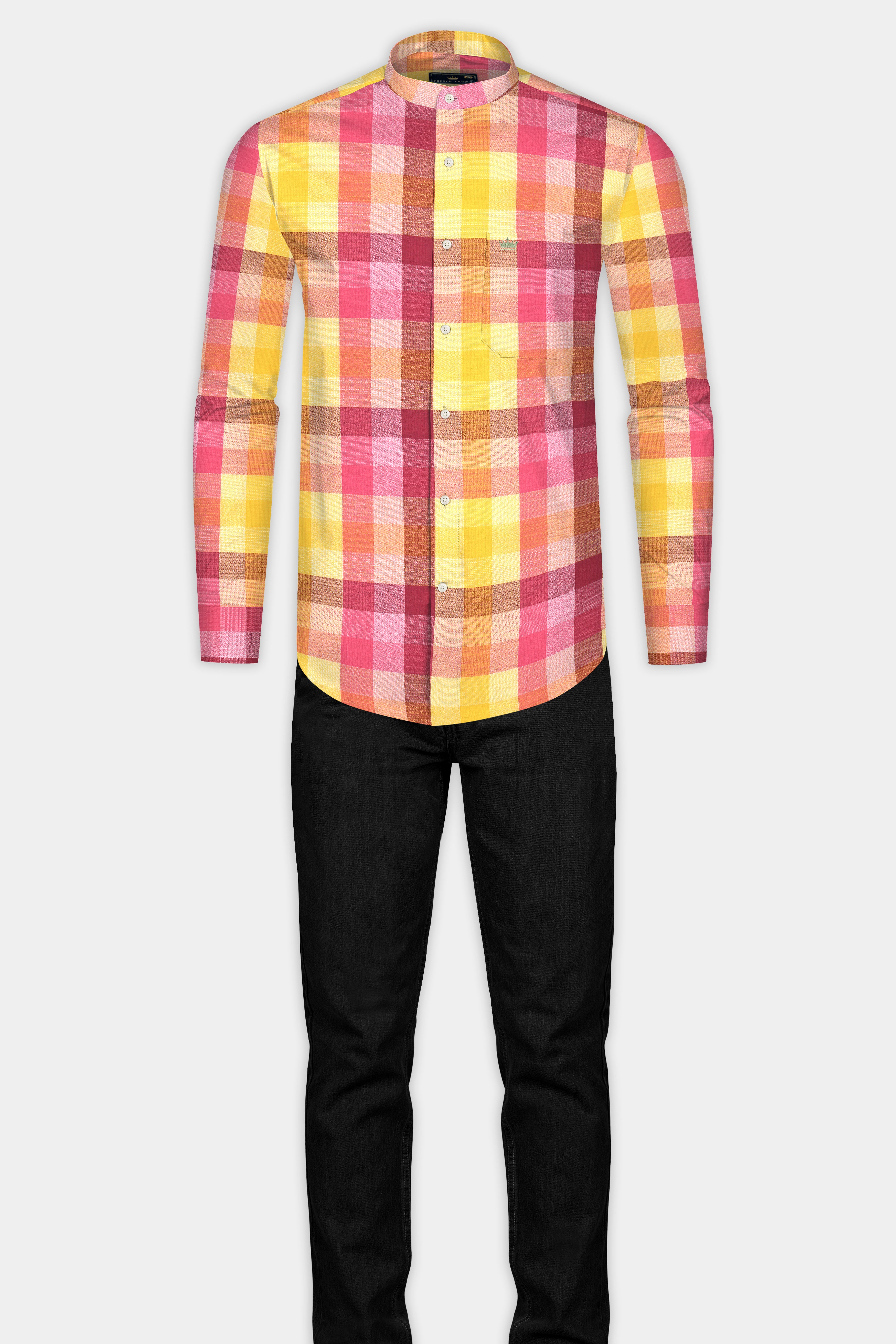 Bright Sun Yellow with Stiletto Red Twill Plaid Premium Cotton Shirt