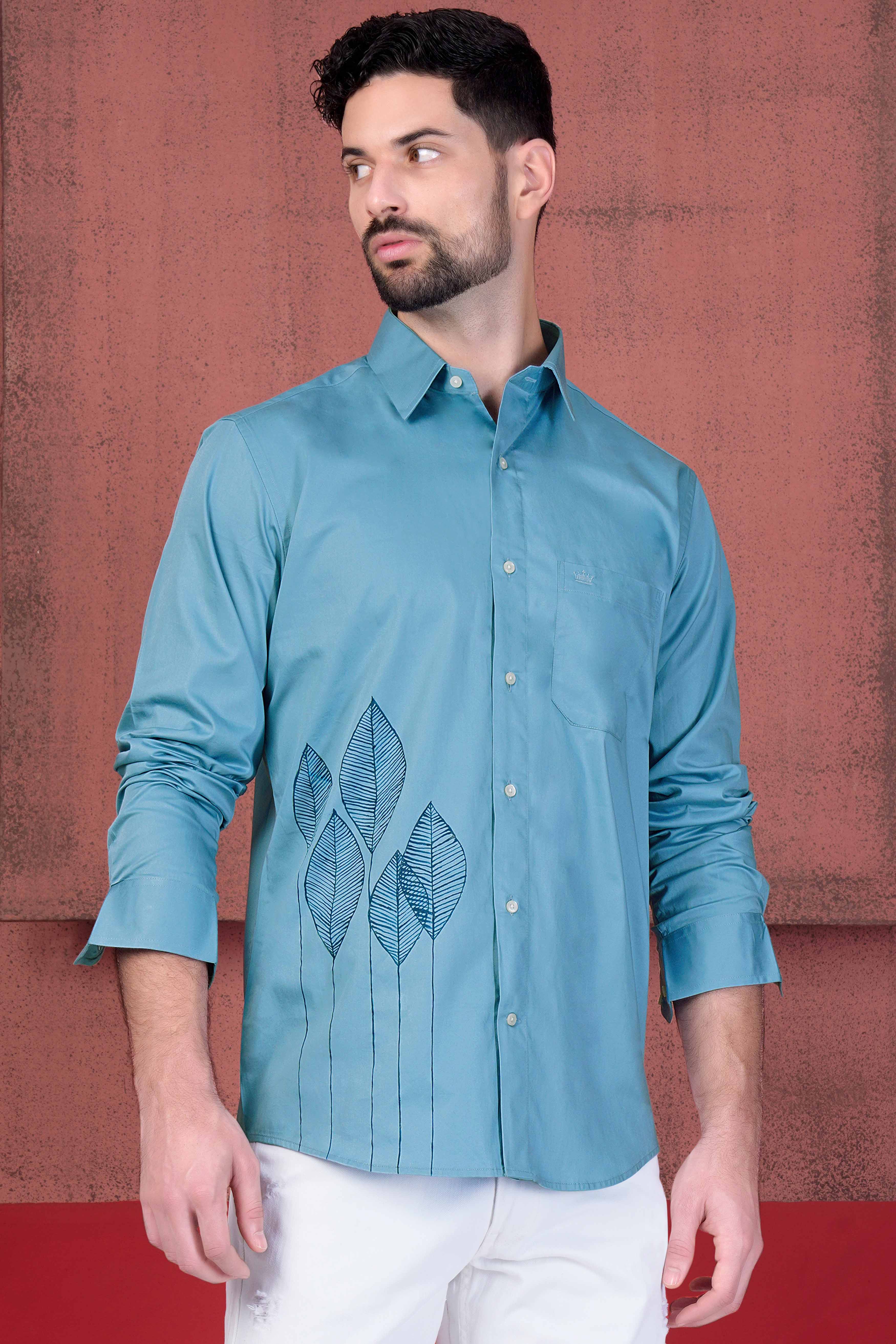 Baked Blue Leaves Hand Painted Subtle Sheen Super Soft Premium Cotton Designer Shirt