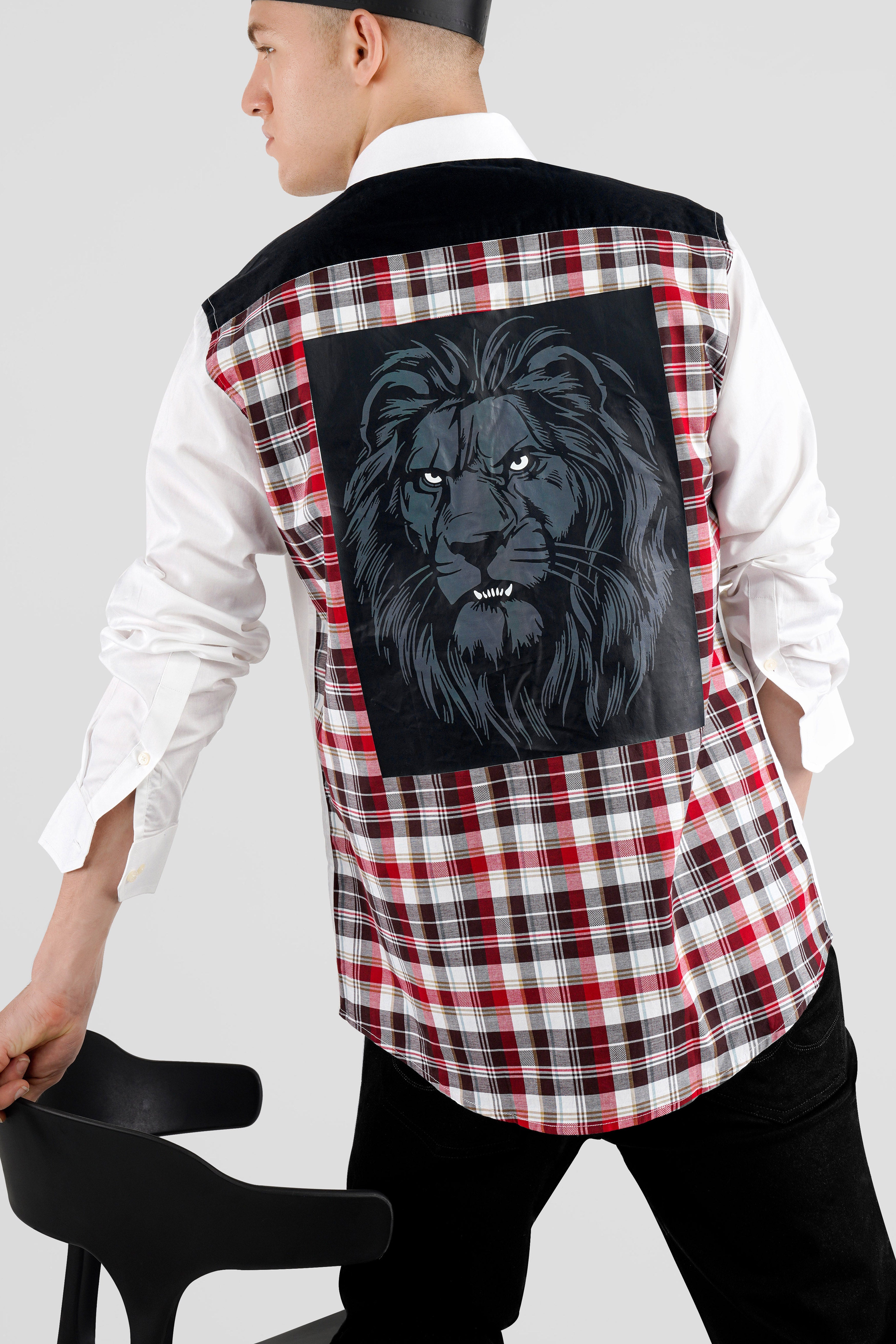 Bright White and Persian Plum Red Checkered with Lion Printed Super Soft Premium Cotton Designer Shirt
