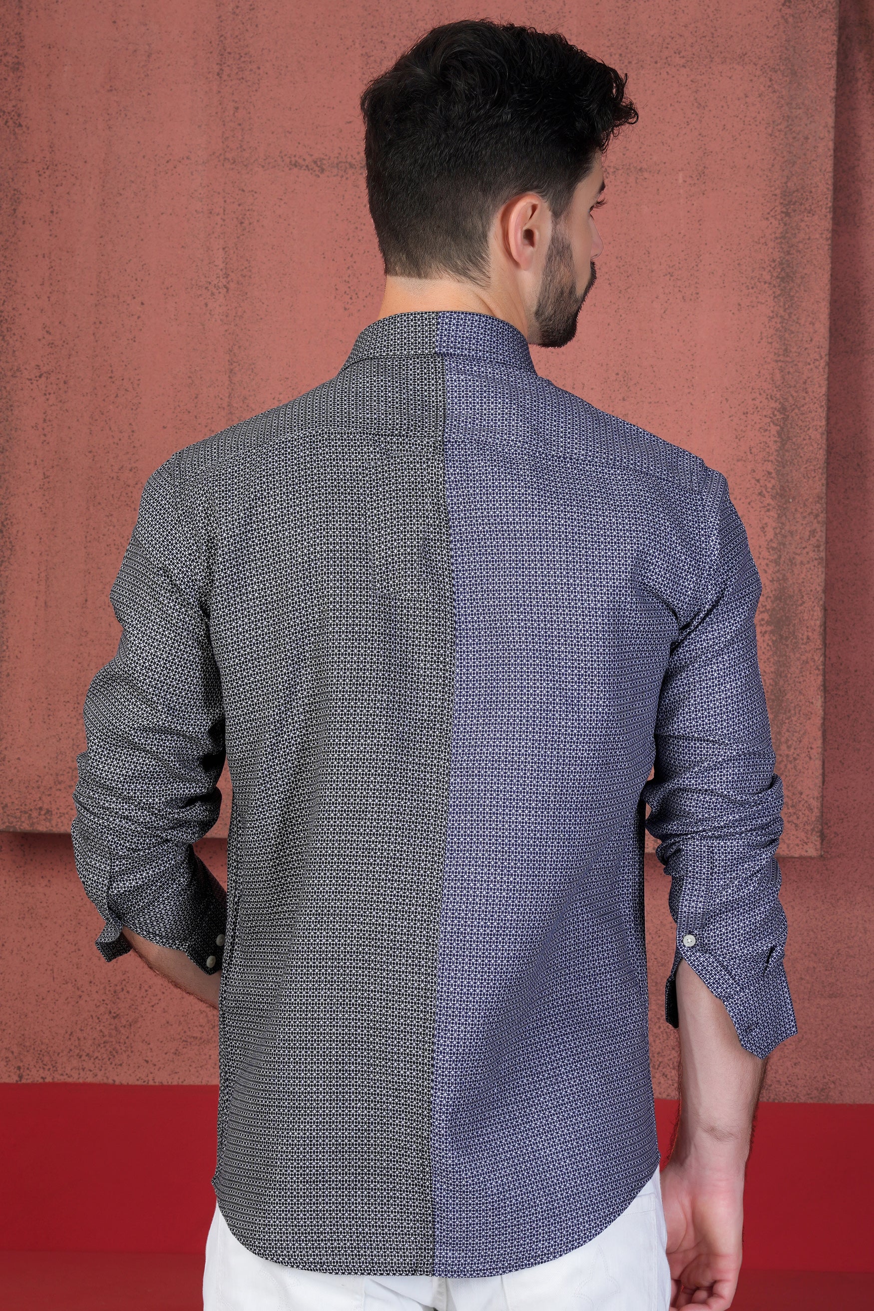 Twilight Blue and Baltic Sea Black Printed with Patchwork Dobby Textured Premium Giza Cotton Designer Shirt