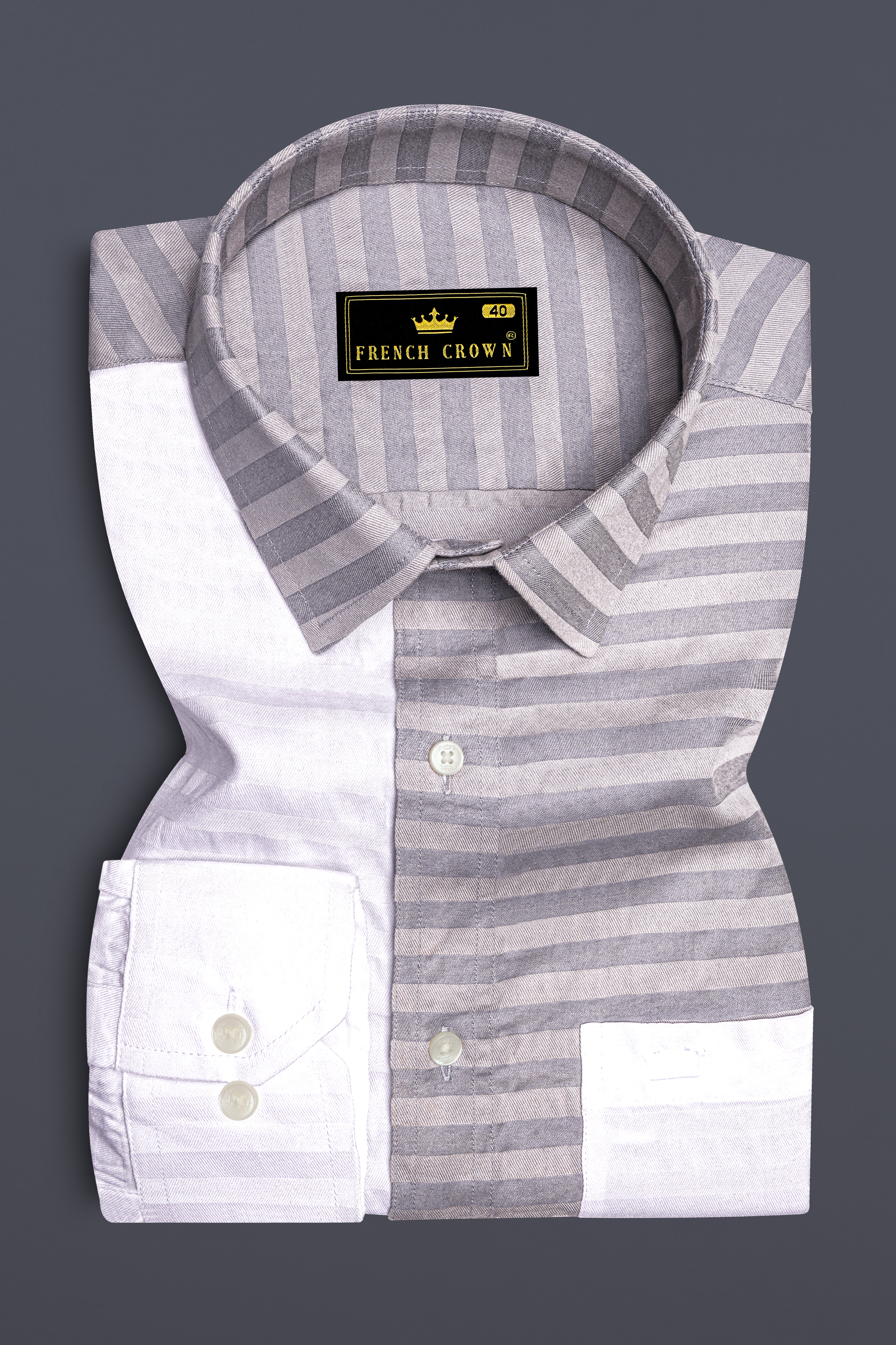 Half White and Half Grey Striped Twill Premium Cotton Designer Shirt