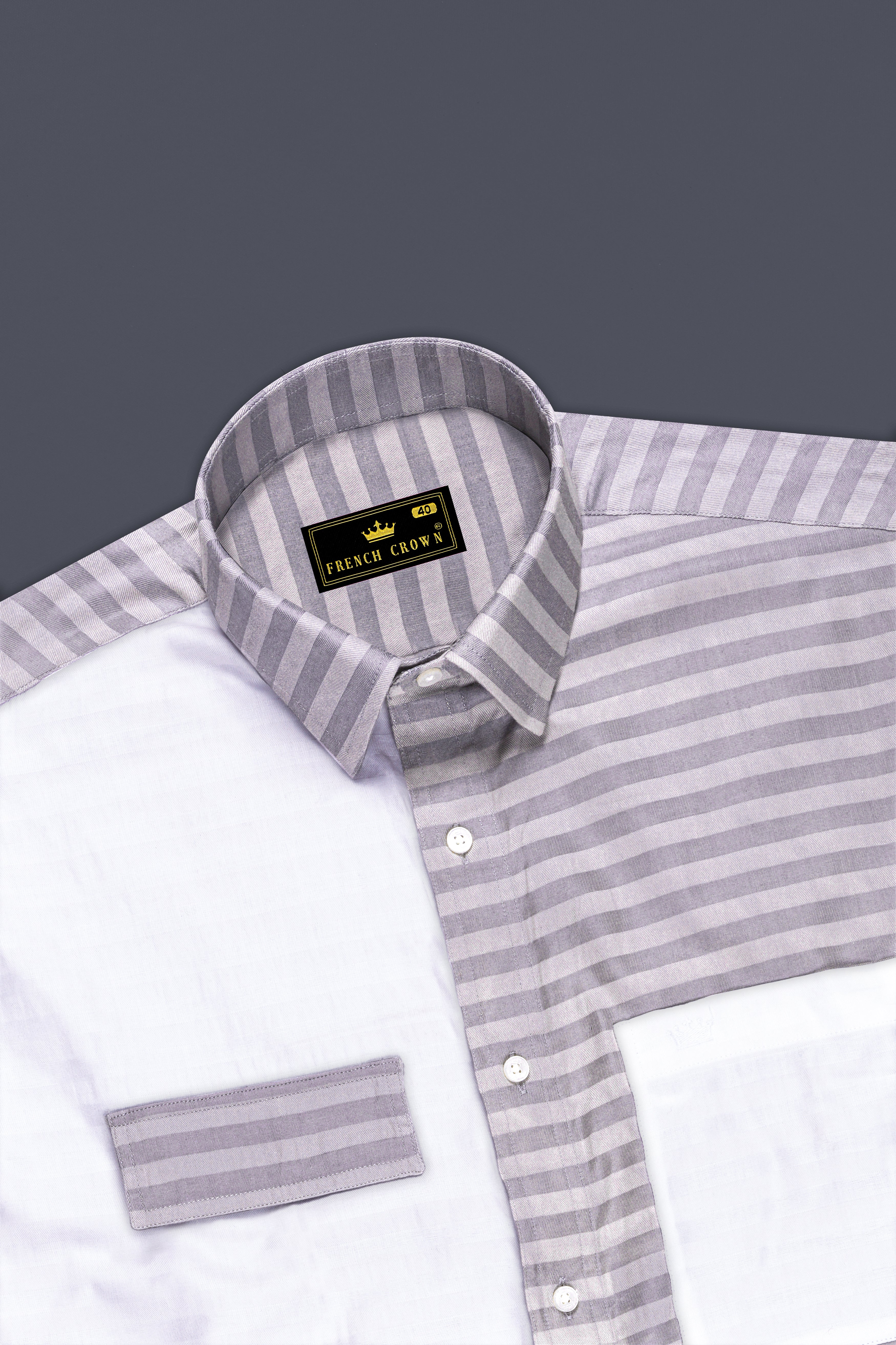 Half White and Half Grey Striped Twill Premium Cotton Designer Shirt