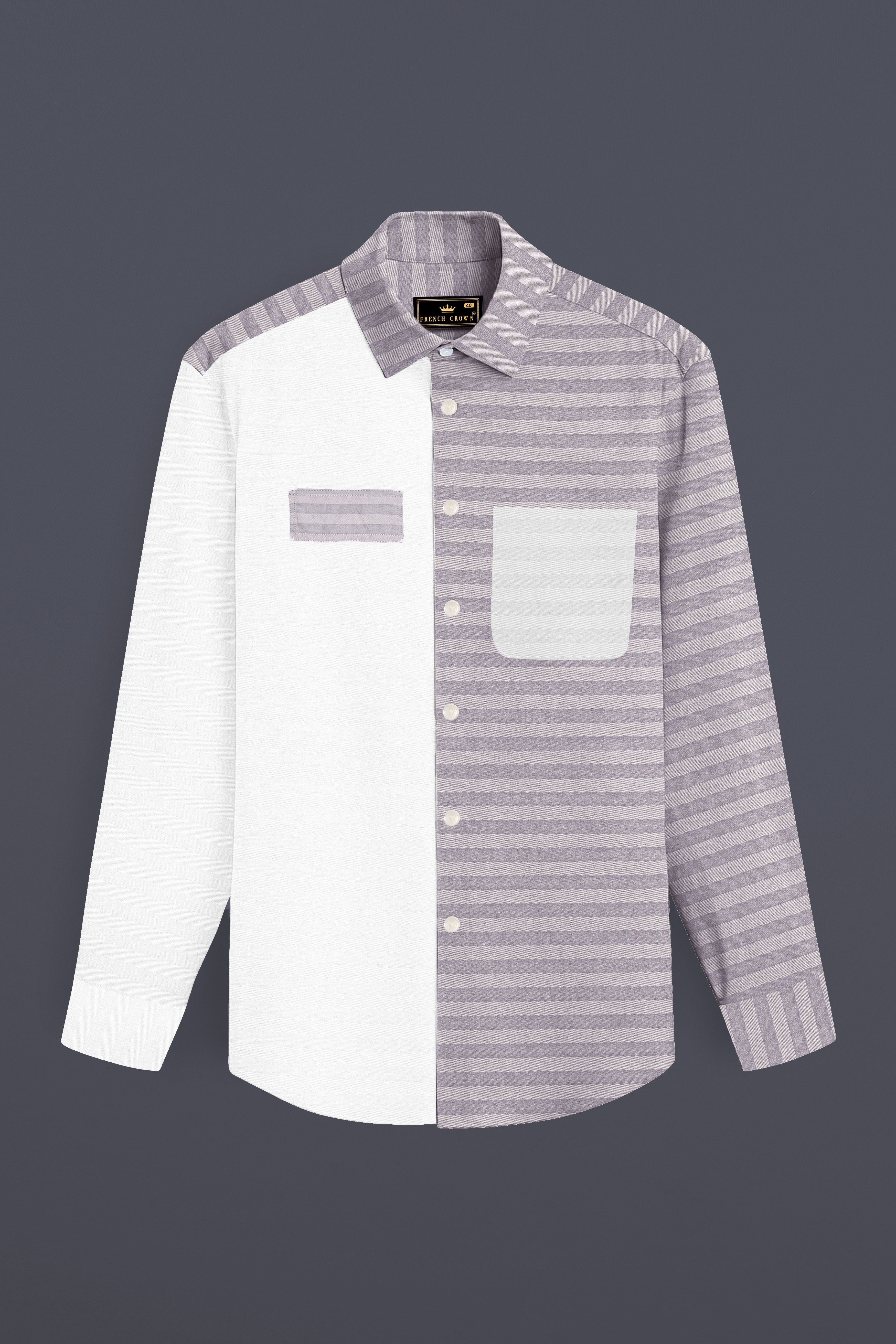 Half White and Half Grey Striped Twill Premium Cotton Designer Shirt