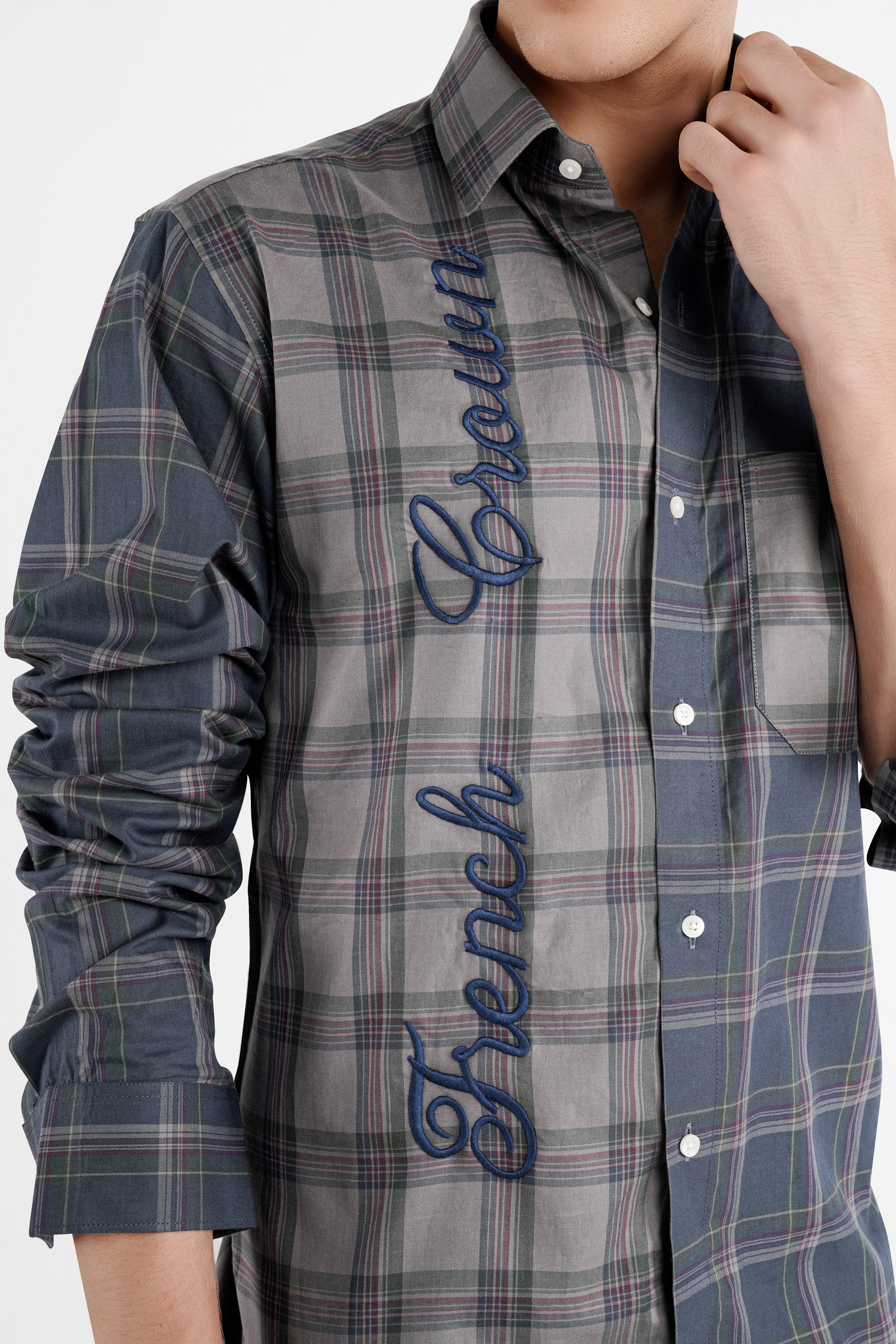 Venus Brown with Cadet Blue Checkered Premium Cotton Embroidered Designer Signature Shirt