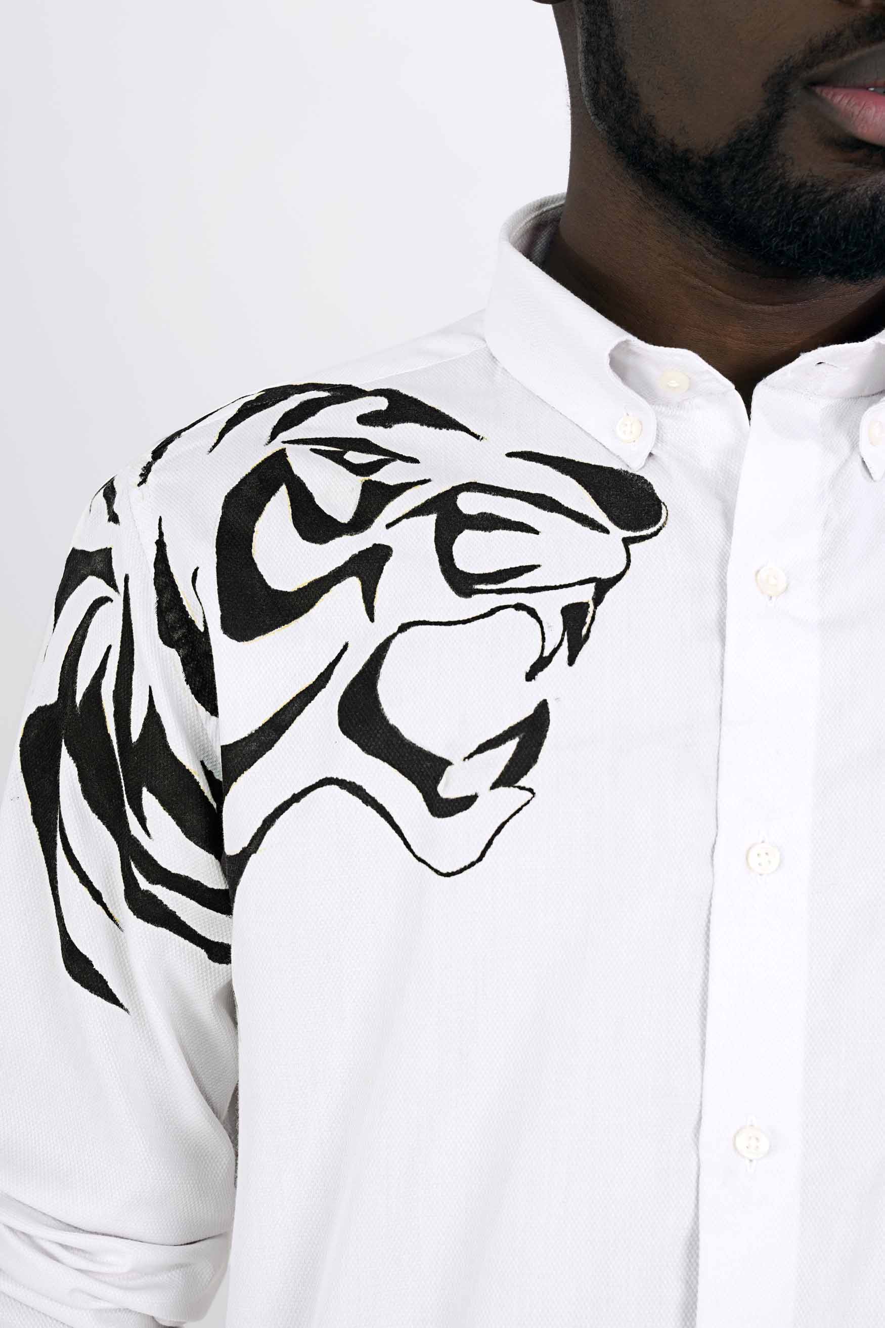 Bright White with Black Tiger Hand Painted Dobby Textured Premium Giza Cotton Shirt 6797-BD-ART-38, 6797-BD-ART-H-38, 6797-BD-ART-39, 6797-BD-ART-H-39, 6797-BD-ART-40, 6797-BD-ART-H-40, 6797-BD-ART-42, 6797-BD-ART-H-42, 6797-BD-ART-44, 6797-BD-ART-H-44, 6797-BD-ART-46, 6797-BD-ART-H-46, 6797-BD-ART-48, 6797-BD-ART-H-48, 6797-BD-ART-50, 6797-BD-ART-H-50, 6797-BD-ART-52, 6797-BD-ART-H-52