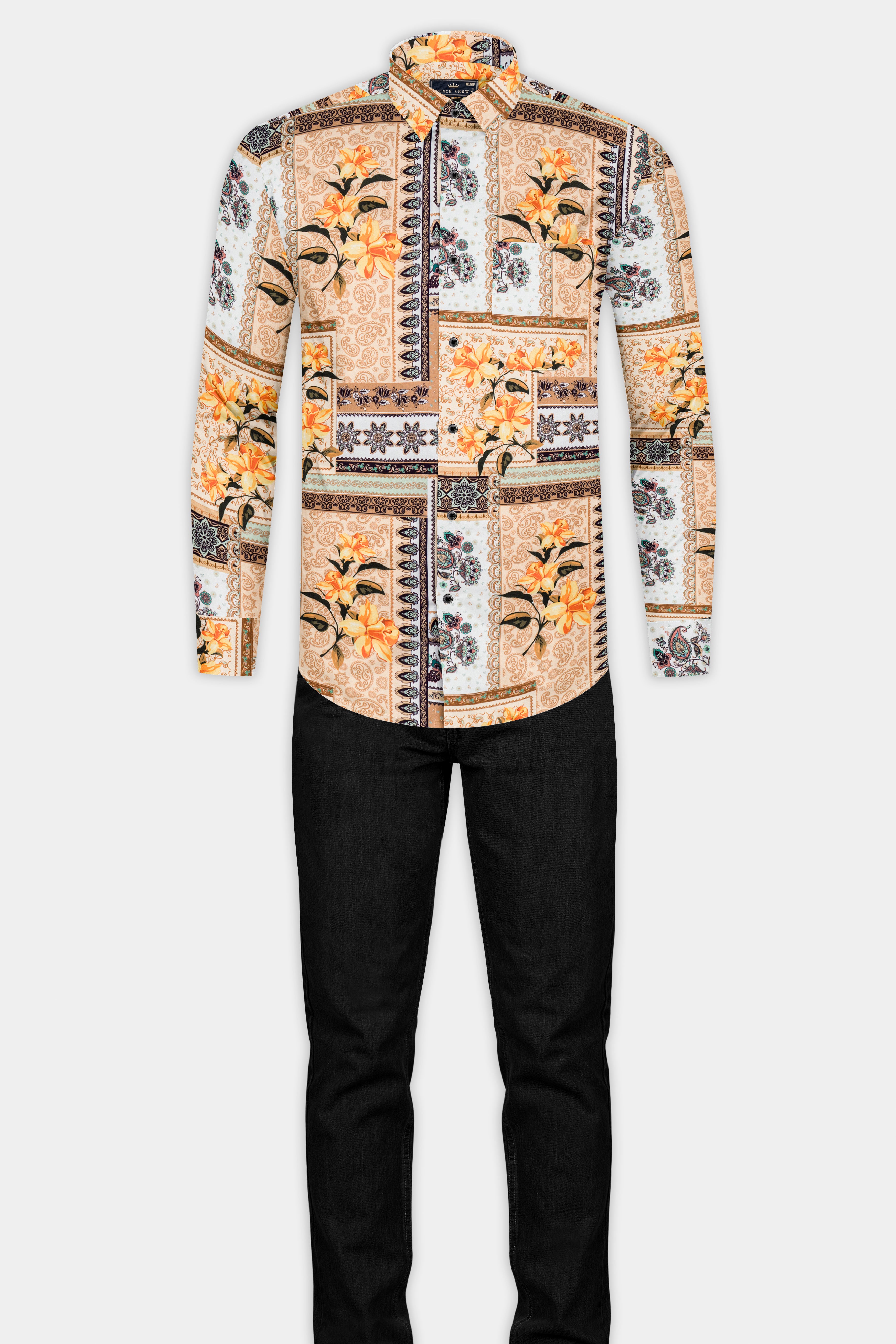 Tan Sandstone Multicolour Unique Floral Printed Twill Textured Premium Cotton Shirt