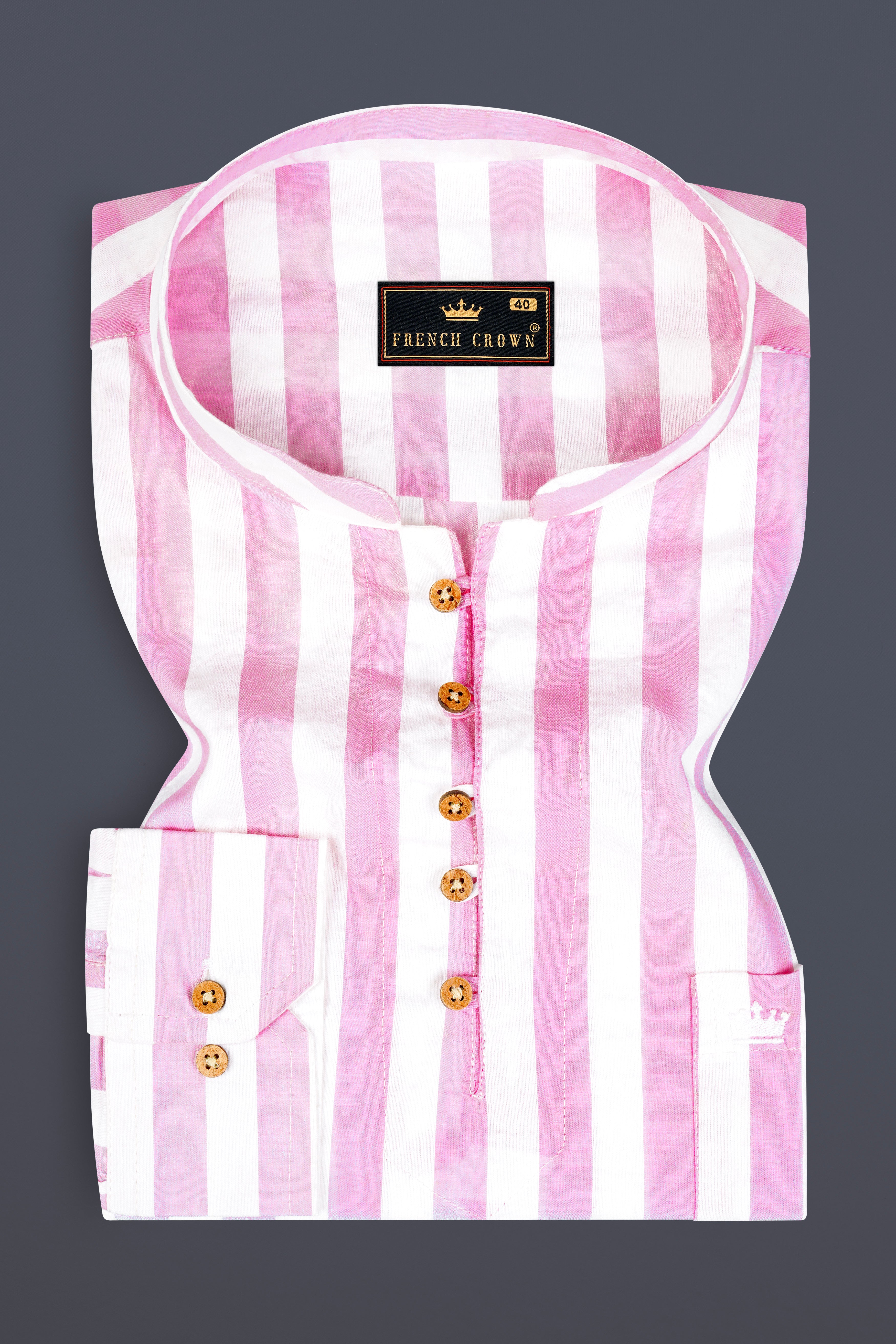 Bright White and Cherub Pink Striped Premium Cotton Kurta Shirt