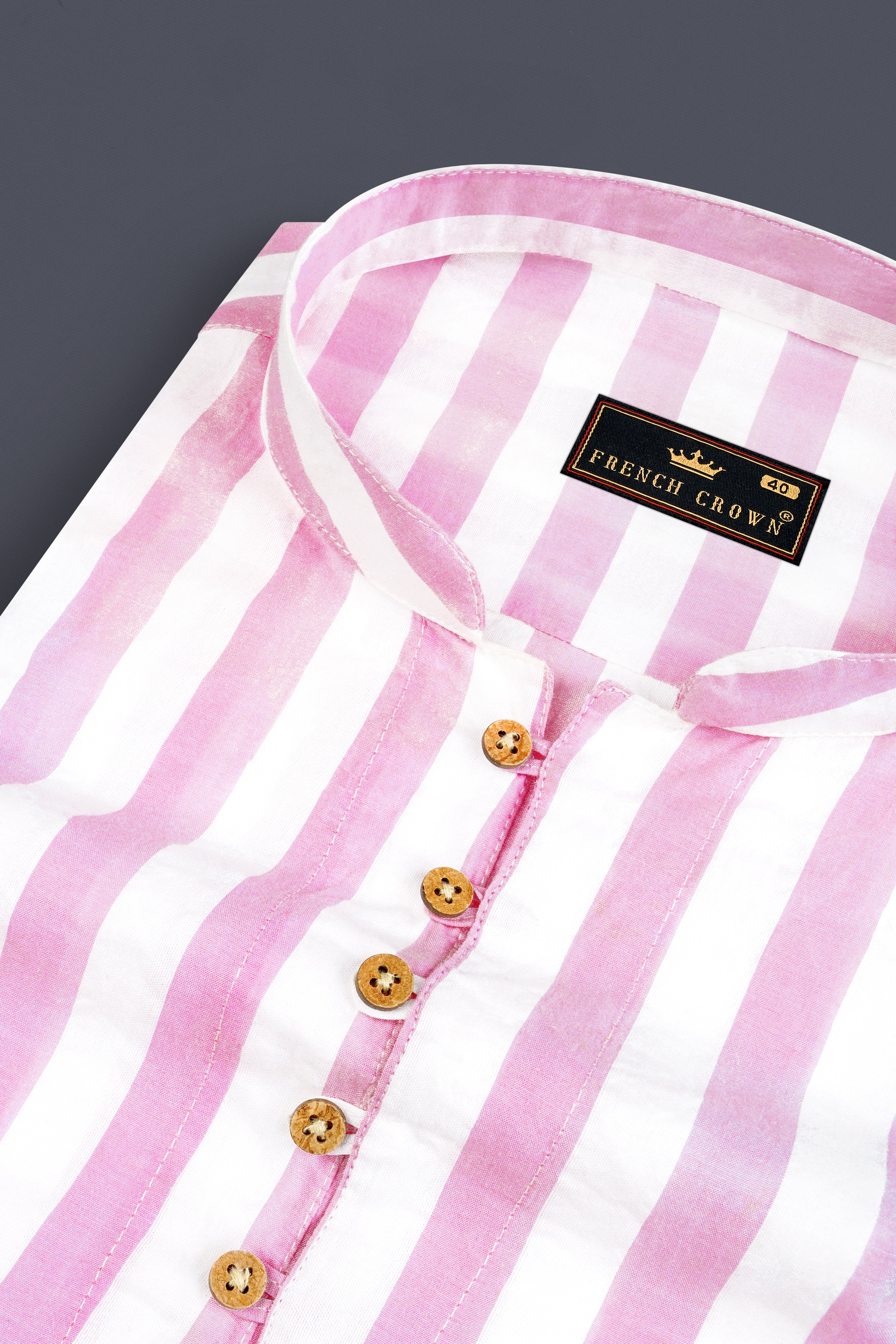 Bright White and Cherub Pink Striped Premium Cotton Kurta Shirt