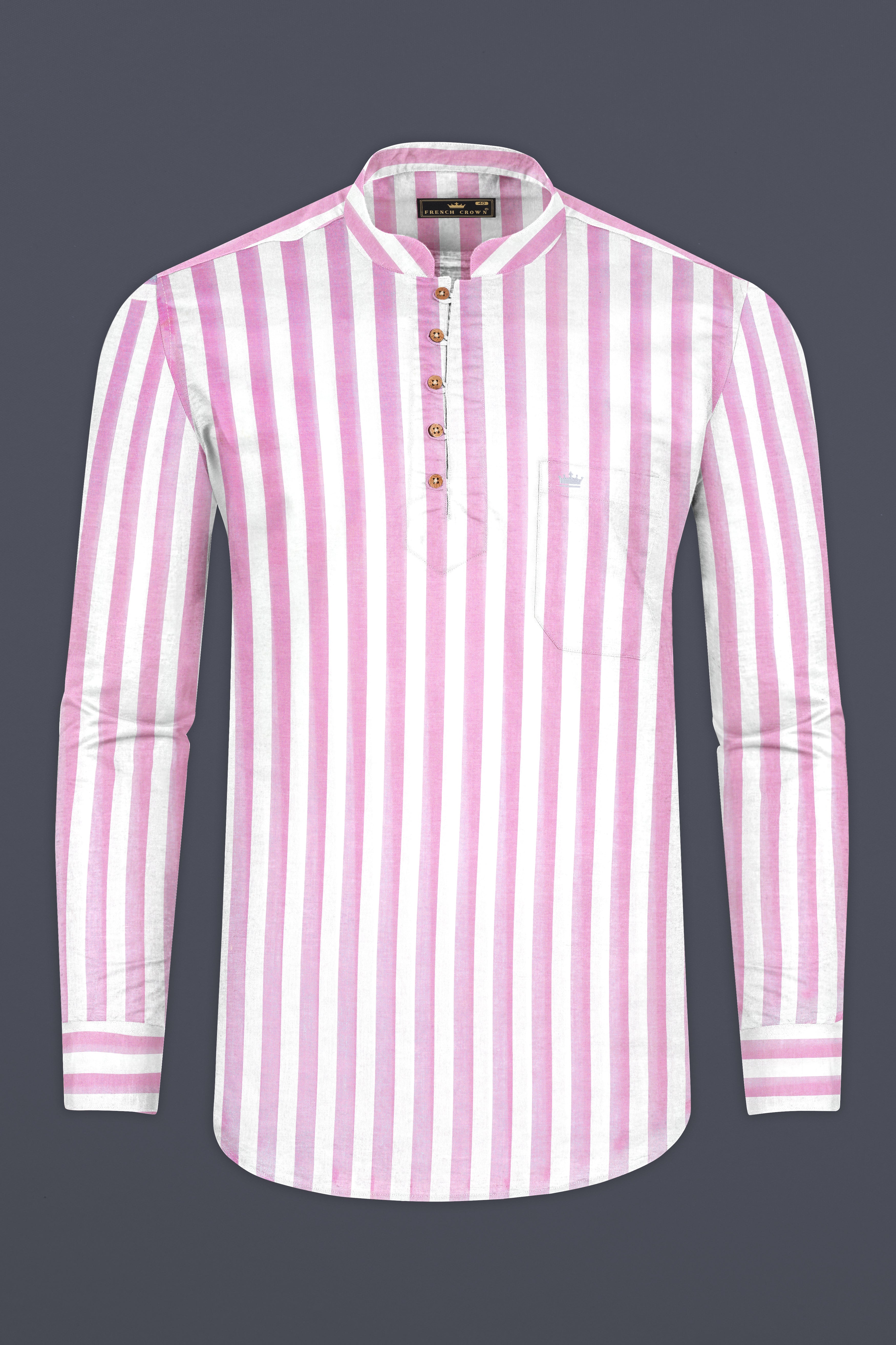 Bright White and Cherub Pink Striped Premium Cotton Kurta Shirt