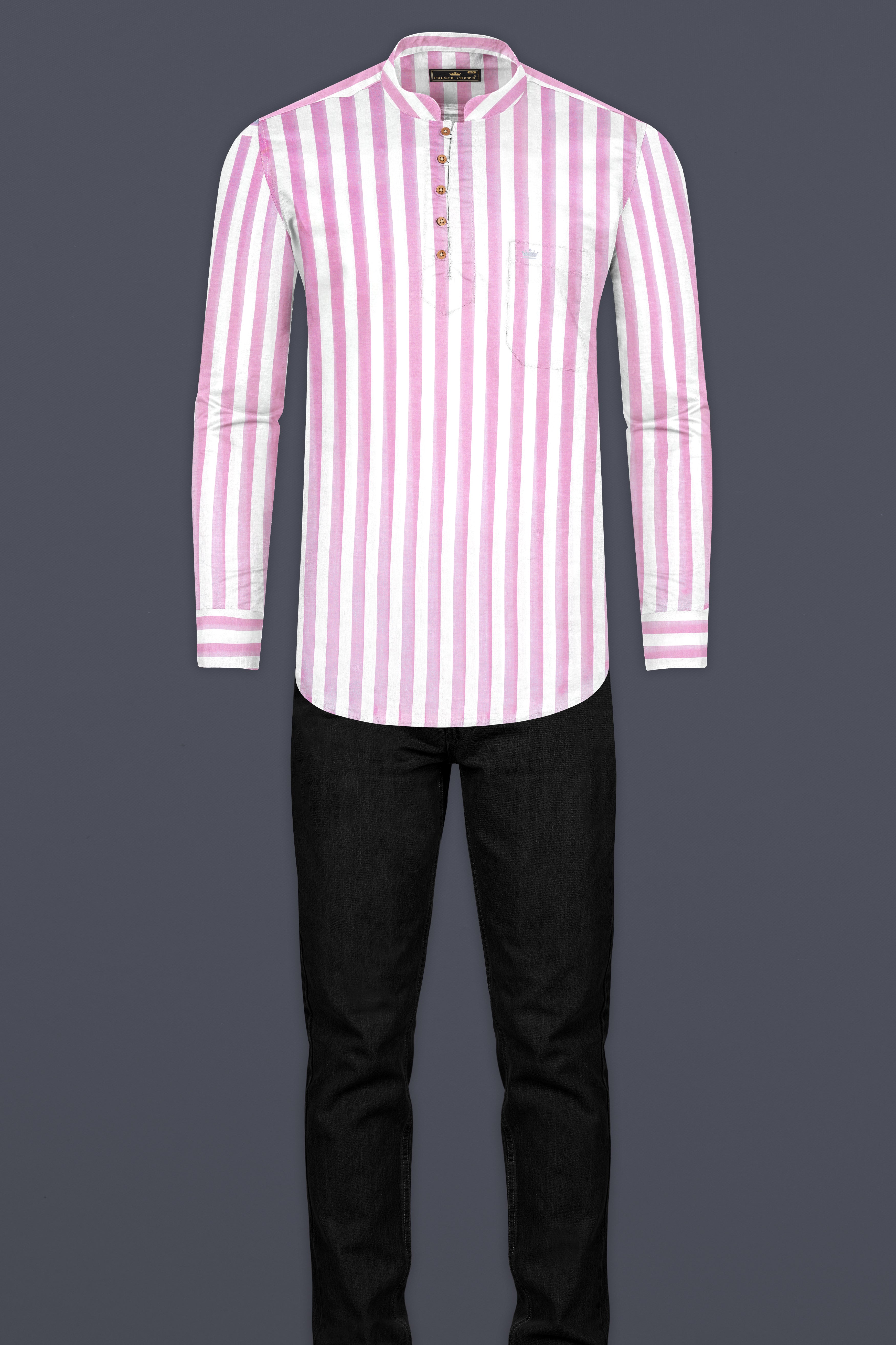 Bright White and Cherub Pink Striped Premium Cotton Kurta Shirt