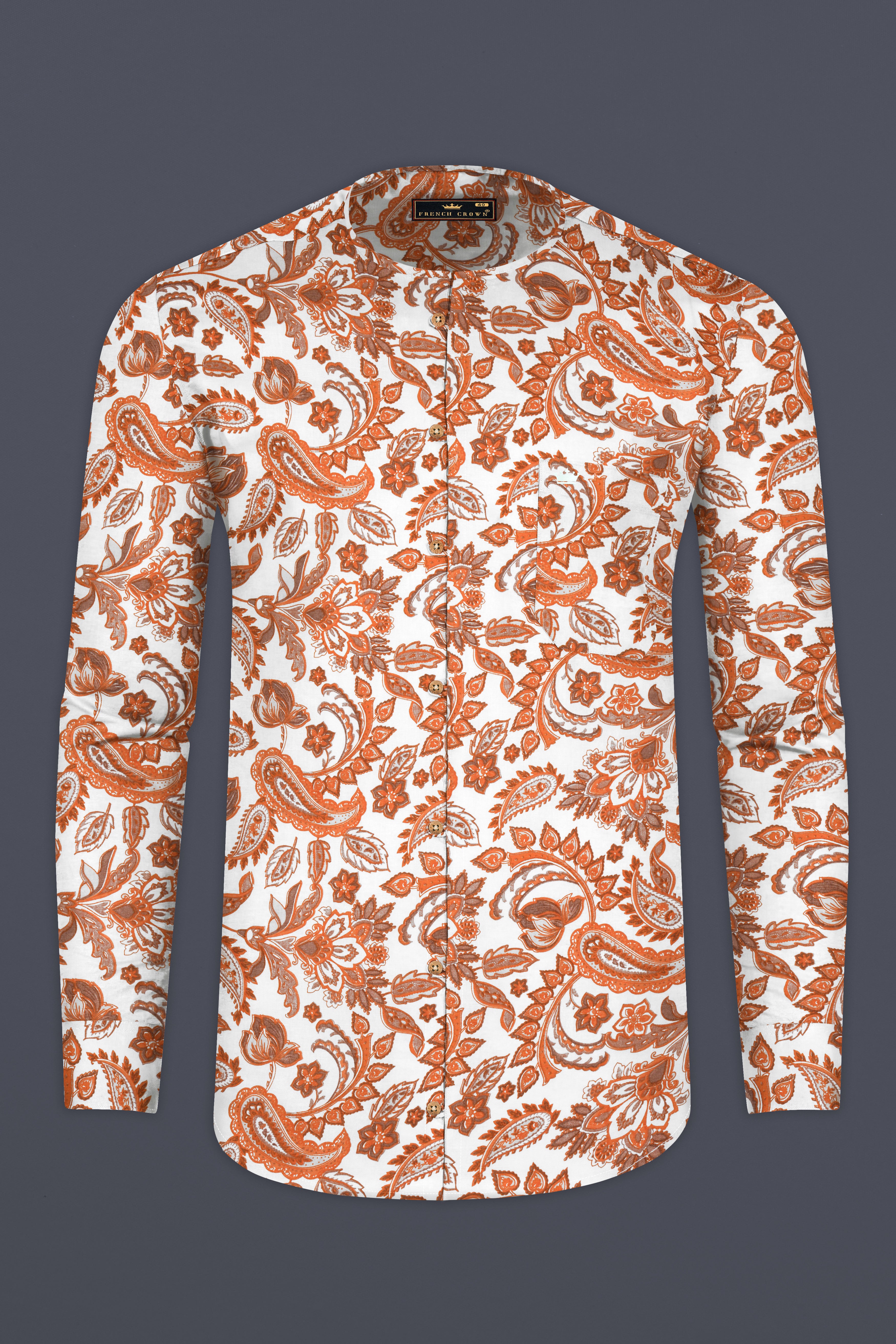 White Lilac and Pale Brown Paisley and Floral Printed Luxurious Linen Kurta Shirt