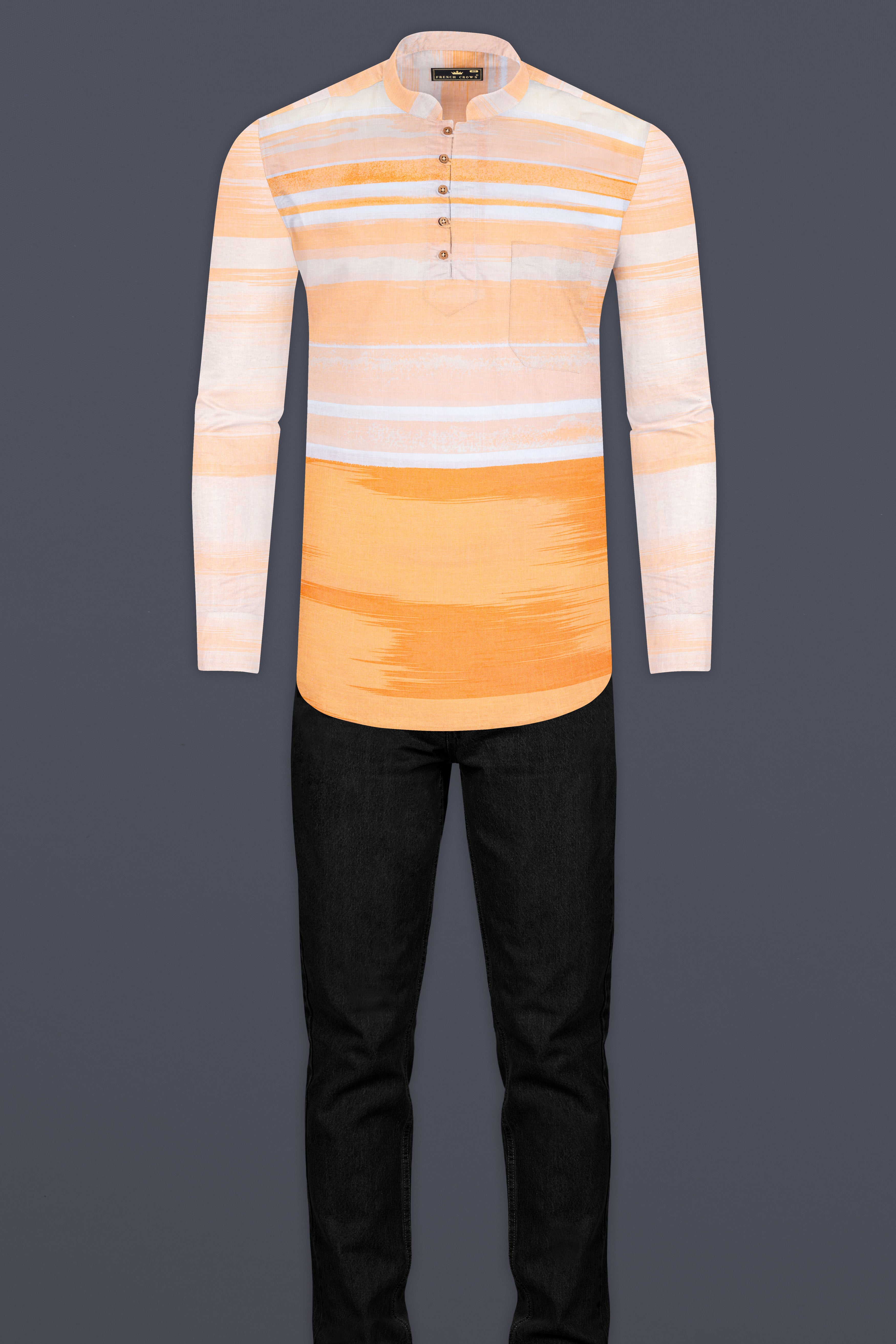 Neon Carrot with white irregular Striped Premium Cotton Kurta Shirt