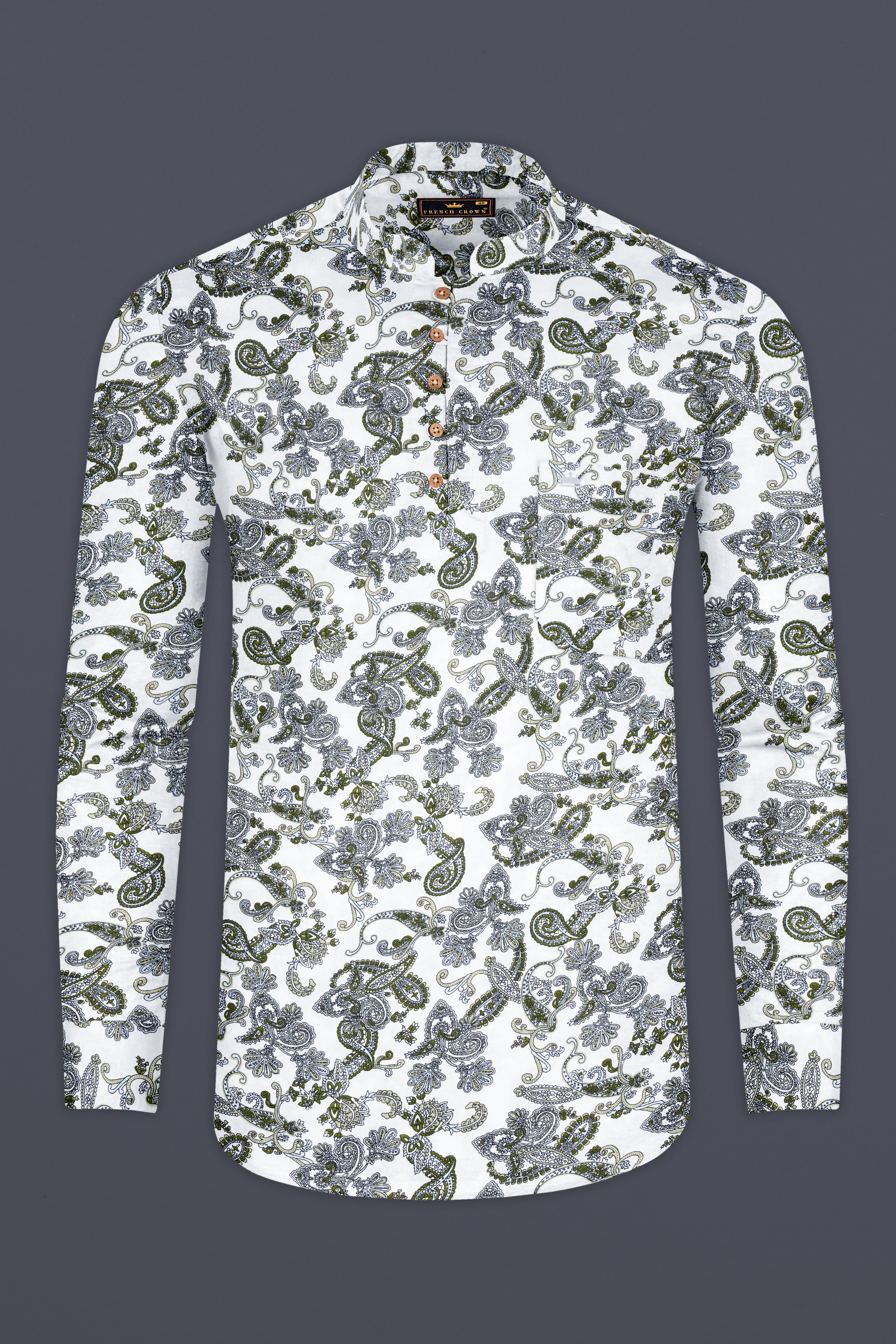 White Lilac and Rifle Green Paisley Printed Tencel Kurta Shirt