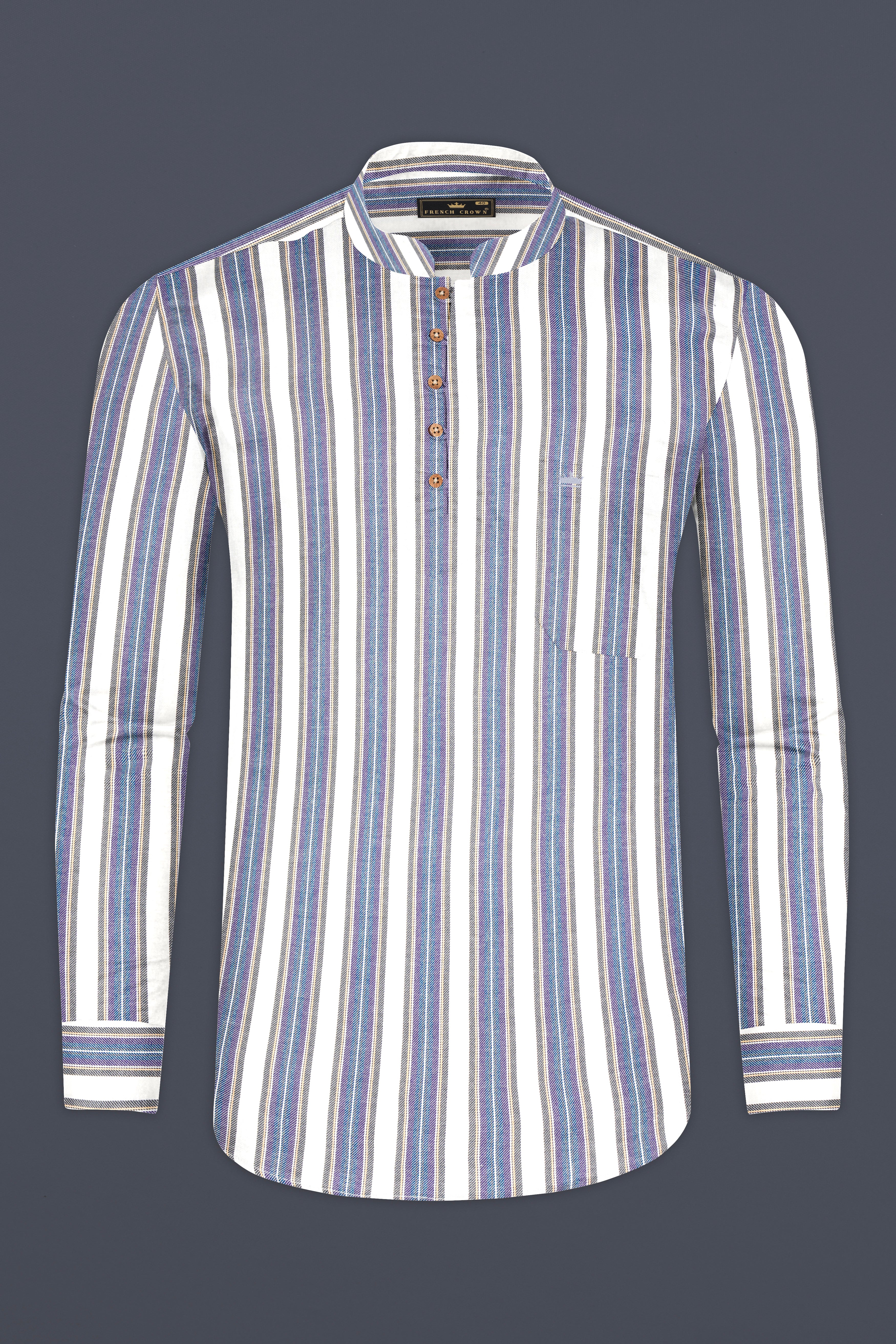 Soapstone White and denim blue Striped Twill Premium Cotton Kurta Shirt