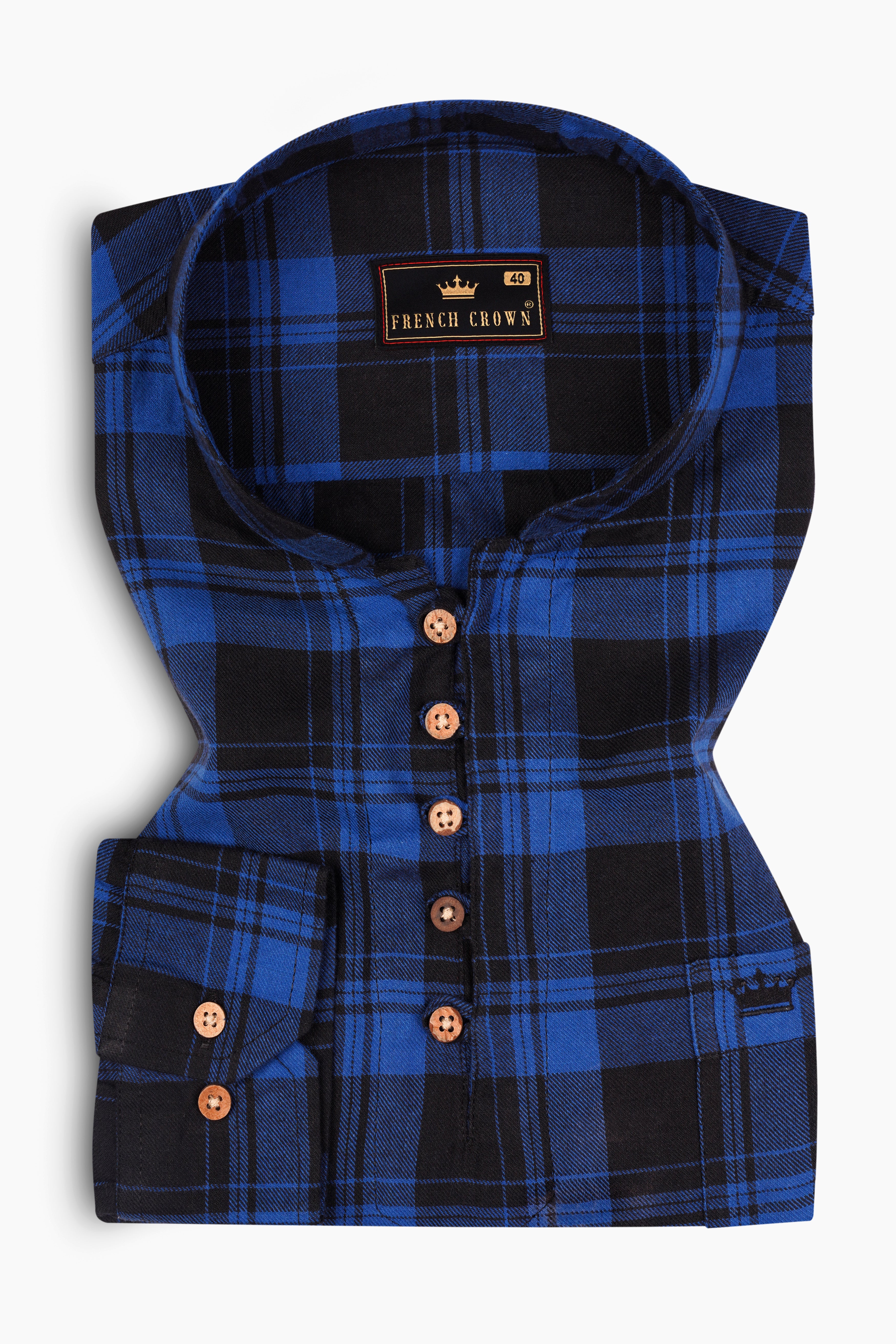 Smalt Blue and Black Plaid Twill Premium Cotton Kurta Shirt