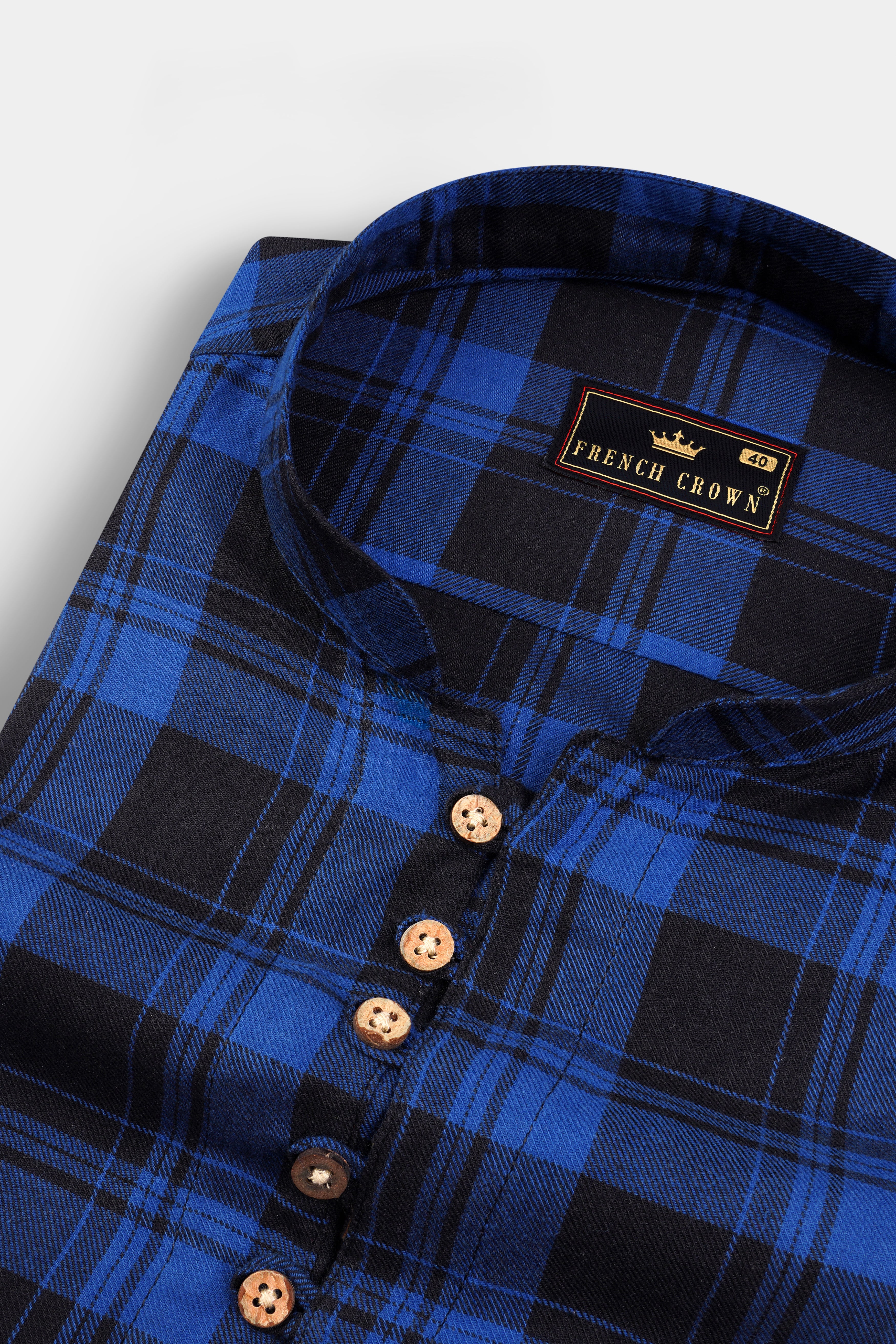 Smalt Blue and Black Plaid Twill Premium Cotton Kurta Shirt