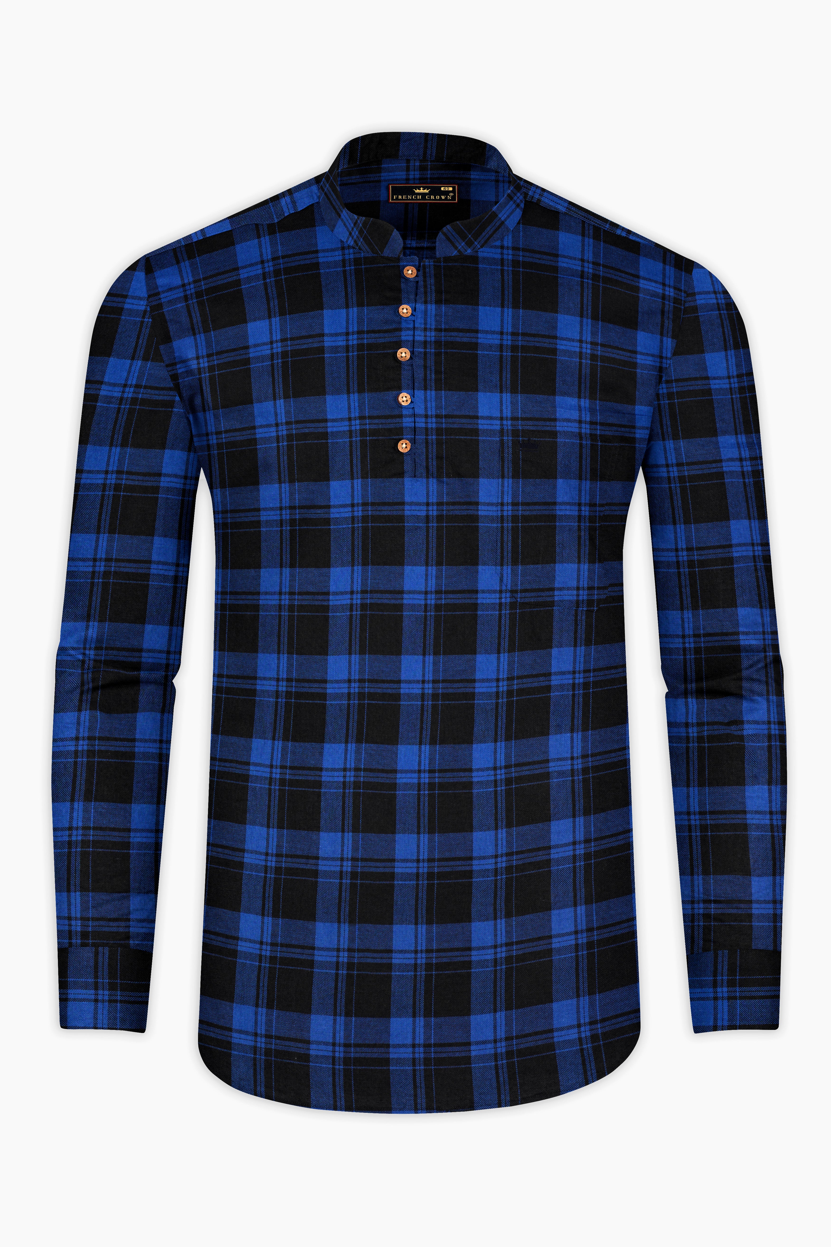 Smalt Blue and Black Plaid Twill Premium Cotton Kurta Shirt