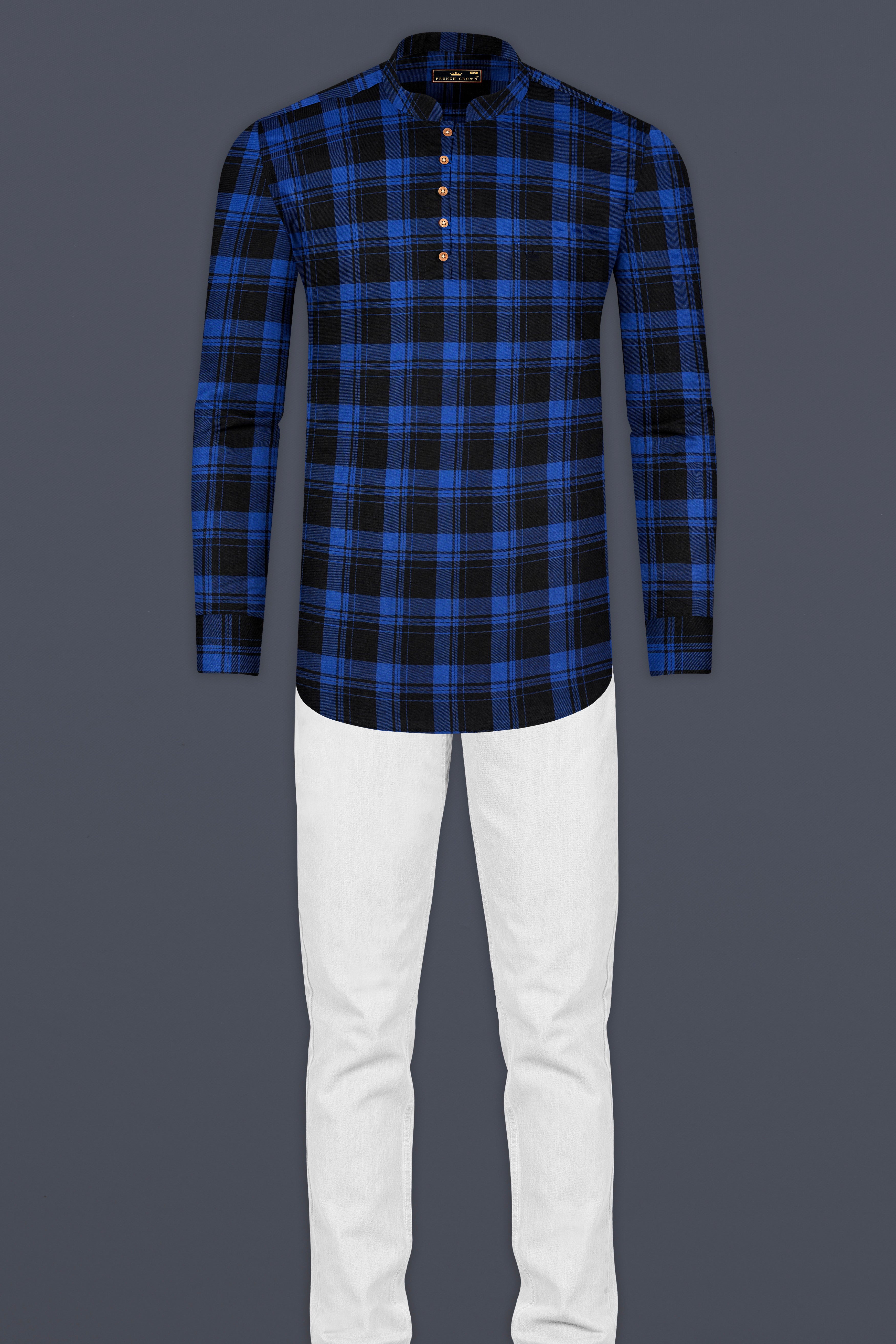 Smalt Blue and Black Plaid Twill Premium Cotton Kurta Shirt