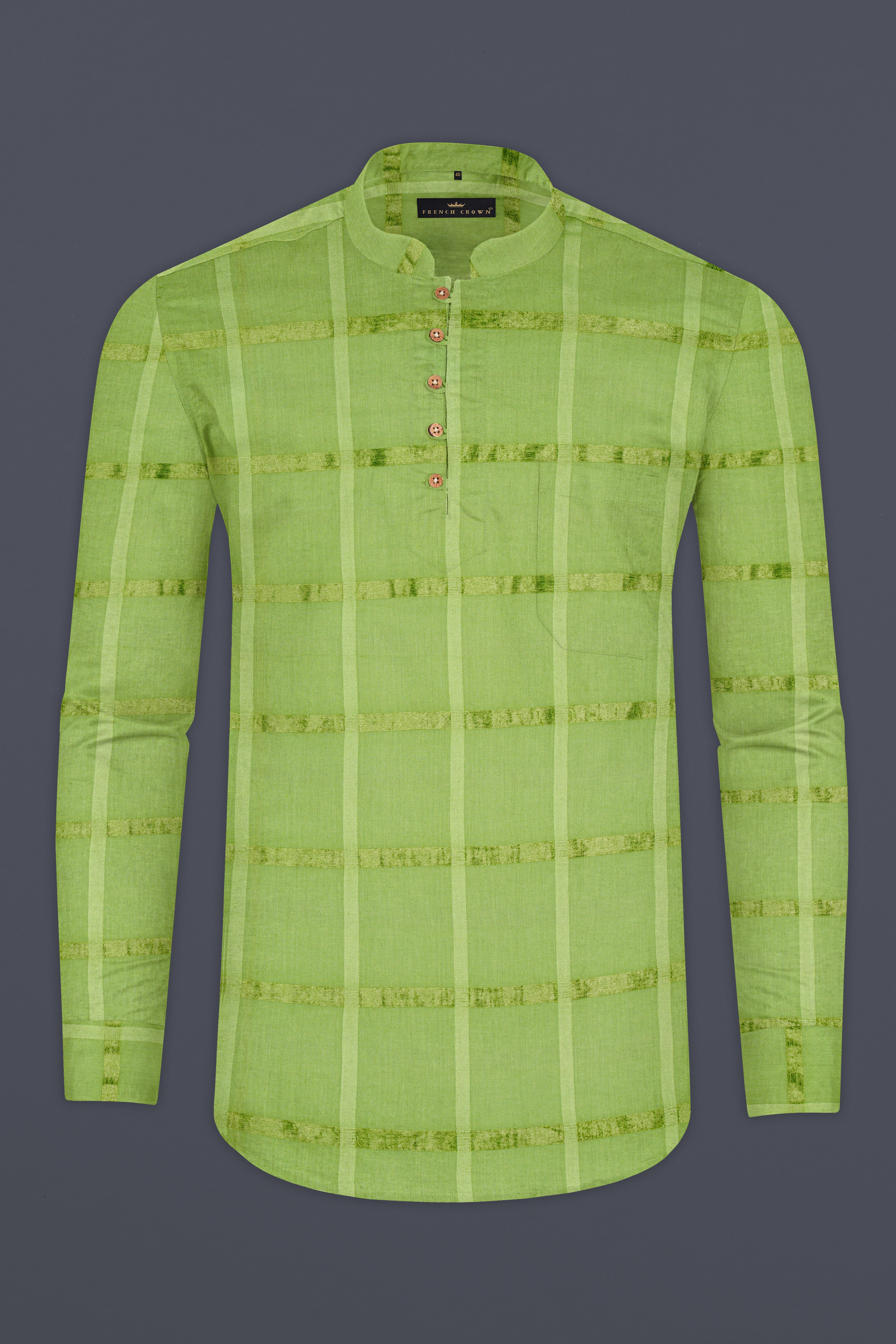 Asparagus Green Velvet Windowpane Dobby Textured Premium Giza Cotton Kurta Shirt